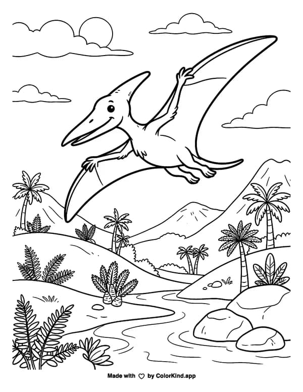 Pteranodon as clean black-and-white printable line art made by ColorKind