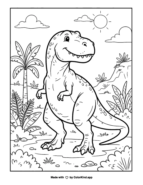 Trex as clean black-and-white printable line art made by ColorKind