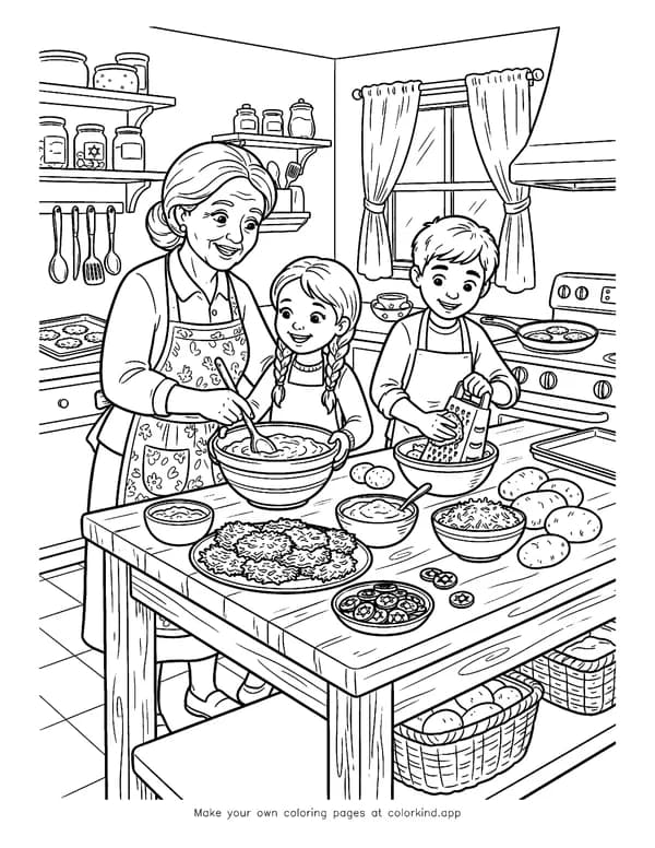Making Hanukkah Latkes Together as black-and-white printable coloring art