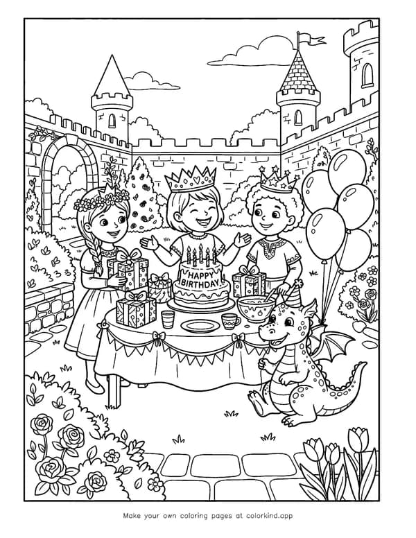 Princess Birthday Party in the Castle Garden as black-and-white printable coloring art