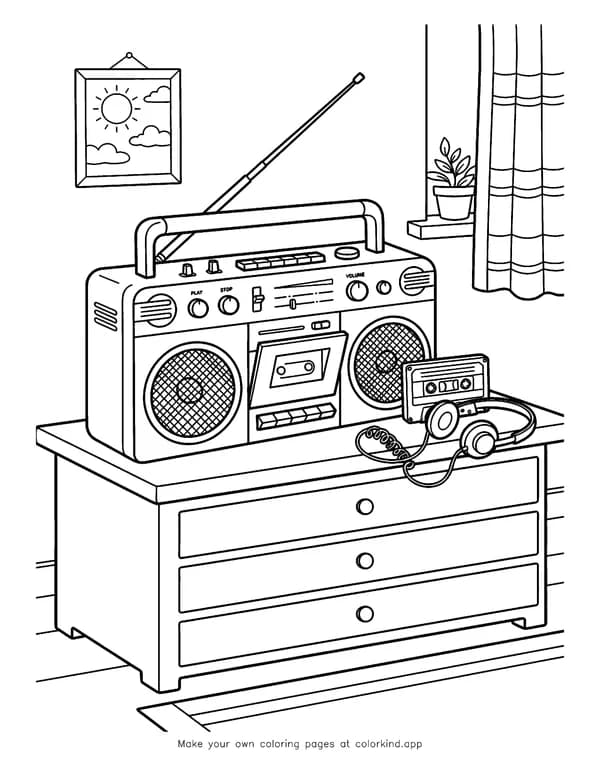 Retro Boombox as black-and-white printable coloring art