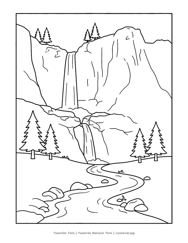 Yosemite Falls cascading down granite cliffs behind valley pines in a black-and-white coloring illustration