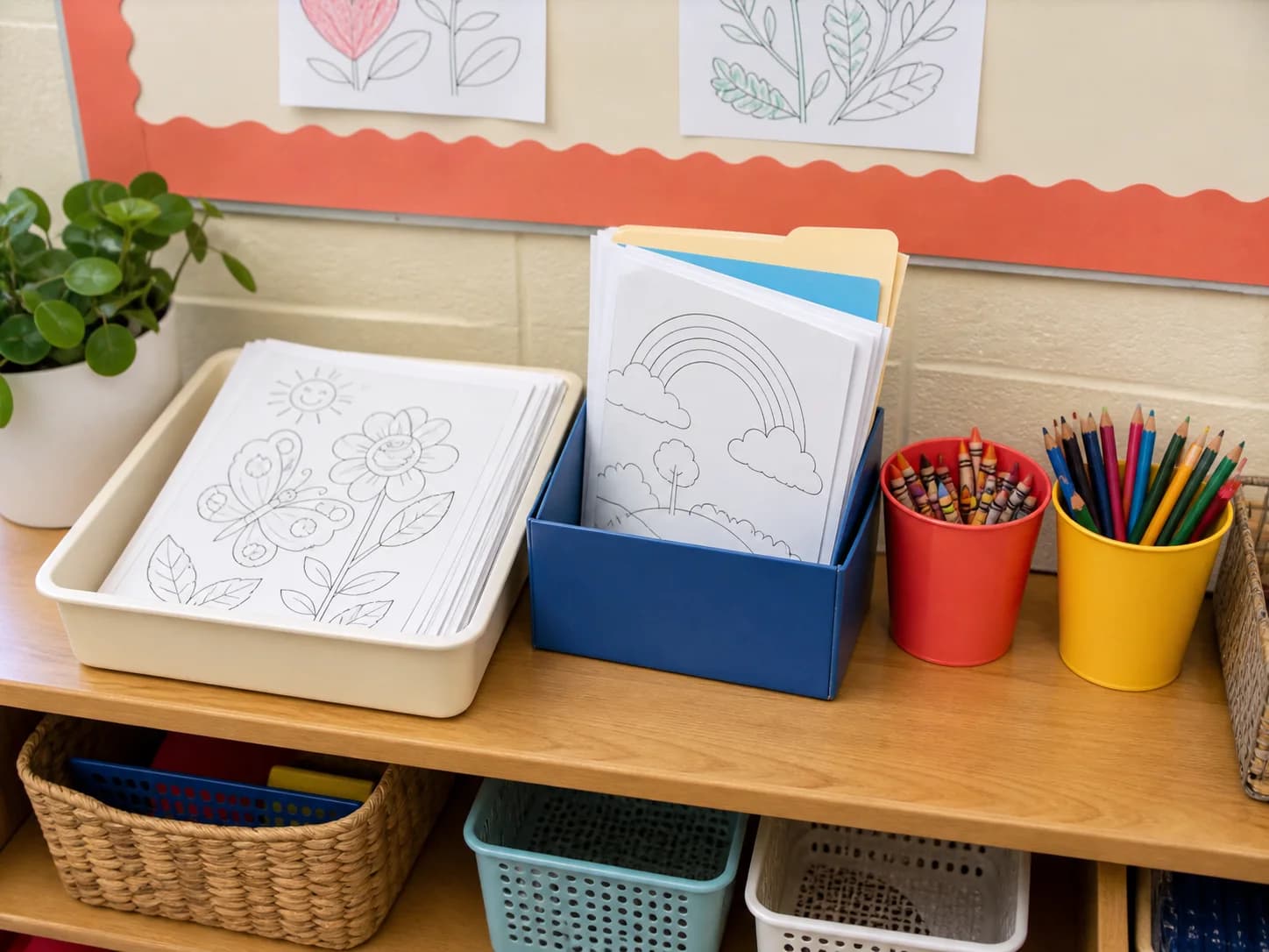 Organized classroom station with trays of coloring pages, works-in-progress folders, crayons, and colored pencils