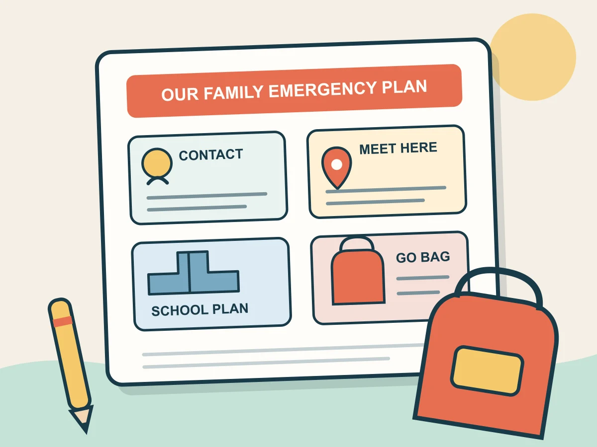 Illustrated family emergency plan with contact, meeting place, school plan, and go bag sections