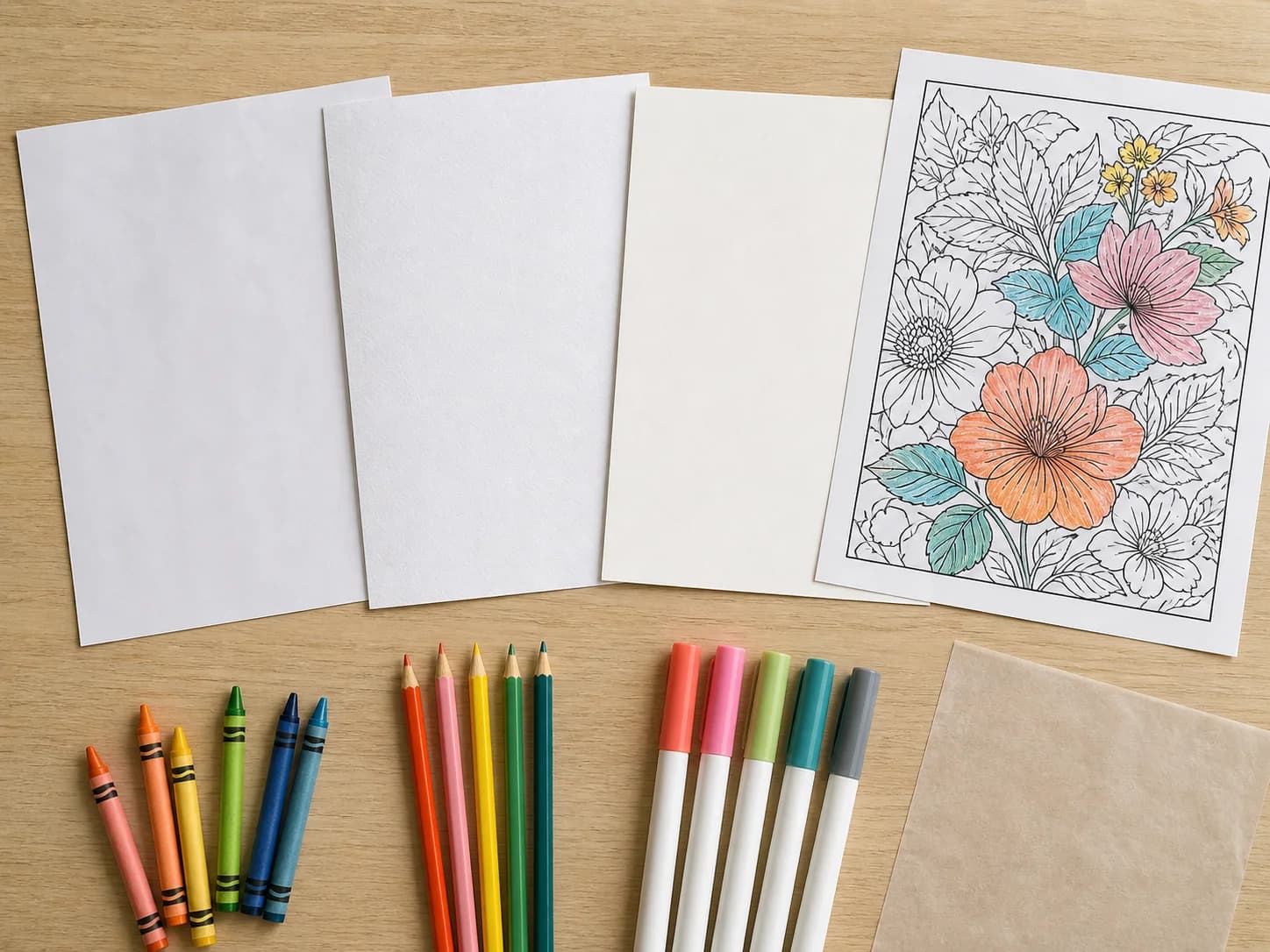 Several paper surfaces beside crayons, colored pencils, markers, and a partially colored page