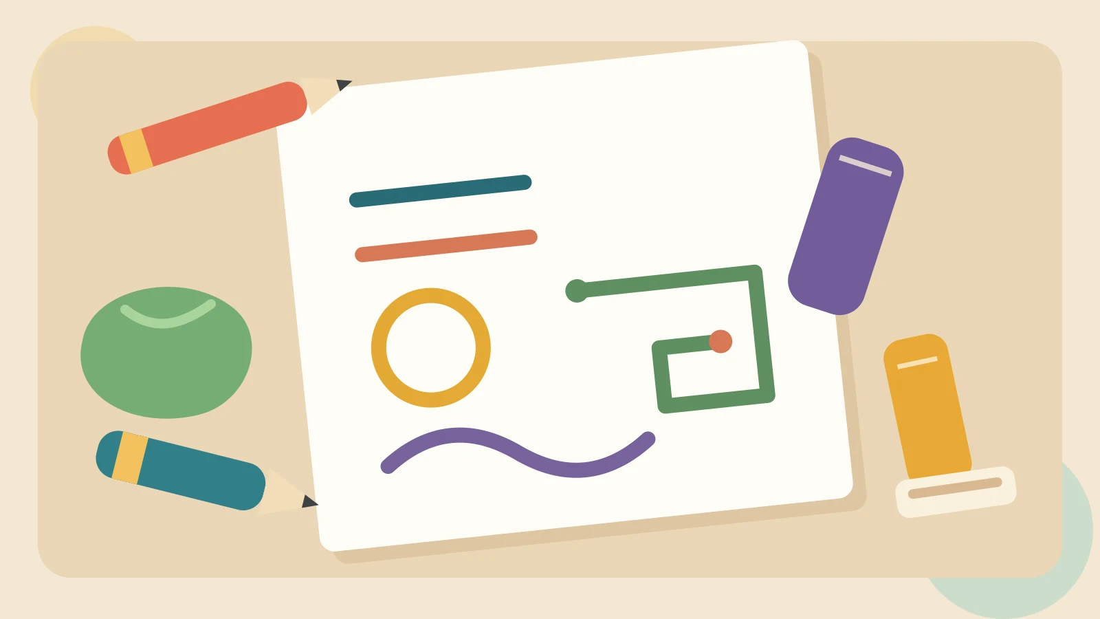 Short pencils and crayons beside a slanted sheet of paper with broad lines, circles, and a simple maze