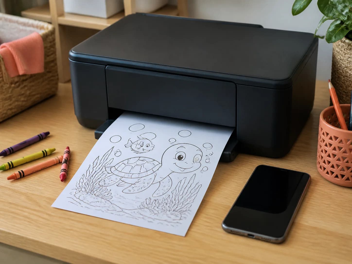 Home printer producing a coloring page beside an iPhone and crayons