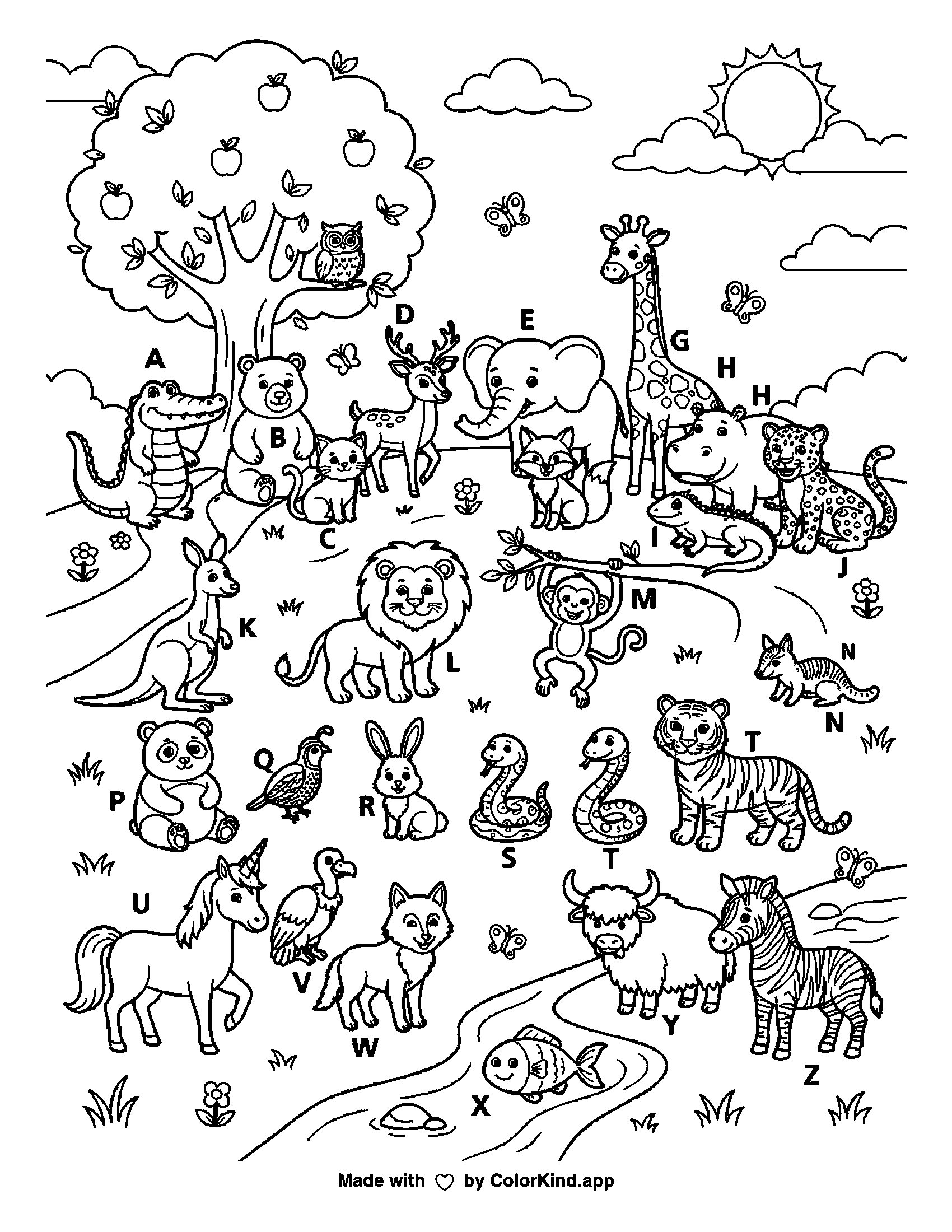 A print-ready ColorKind example for alphabet coloring page ideas