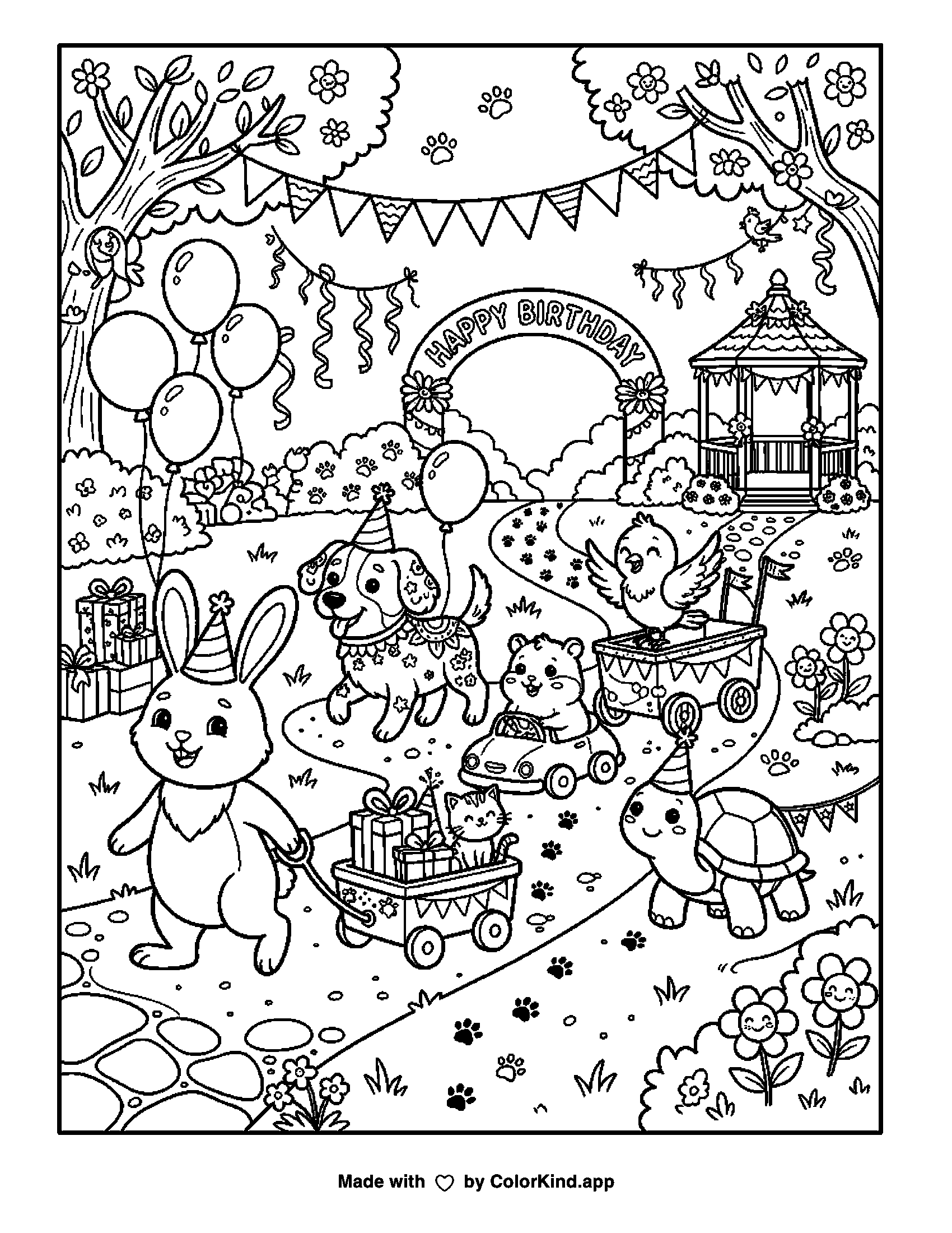 A print-ready ColorKind example for birthday coloring page ideas
