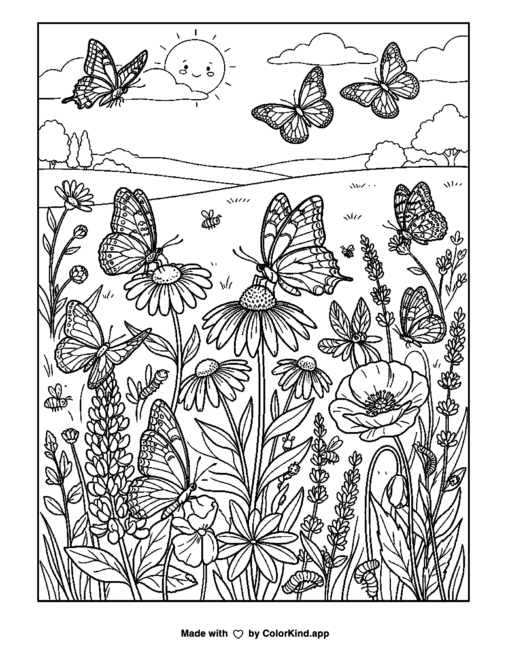 A print-ready ColorKind example for bug and butterfly coloring page ideas