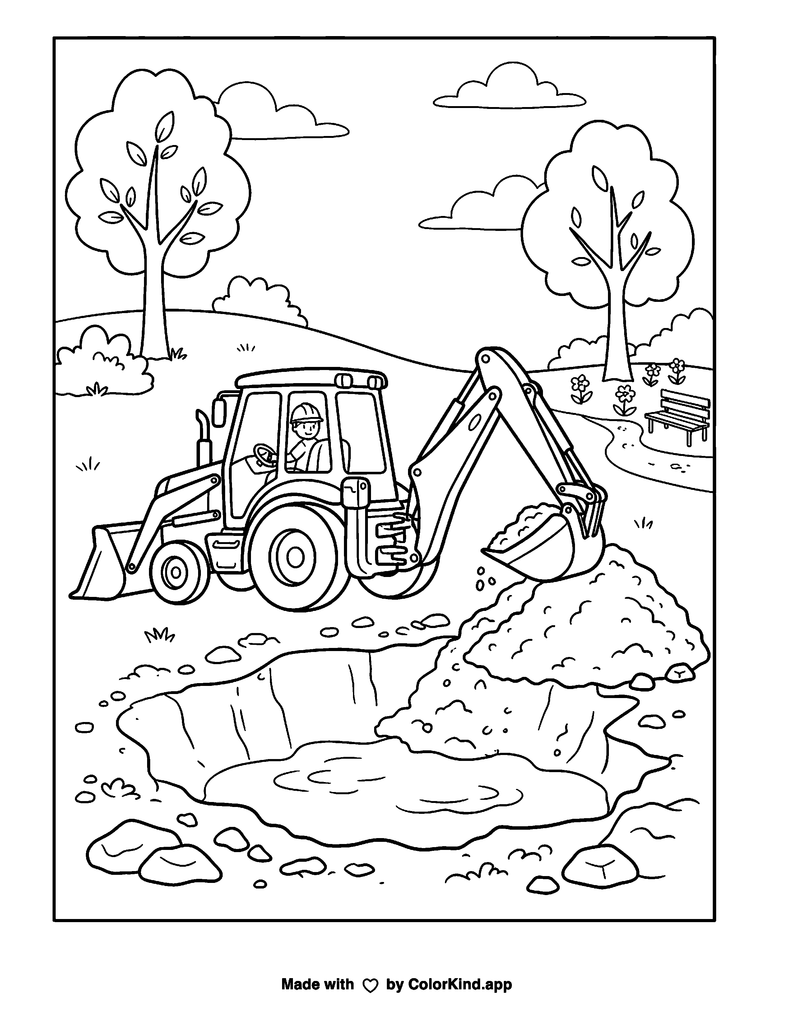 Backhoe Digging a Pond as clean black-and-white printable line art made by ColorKind