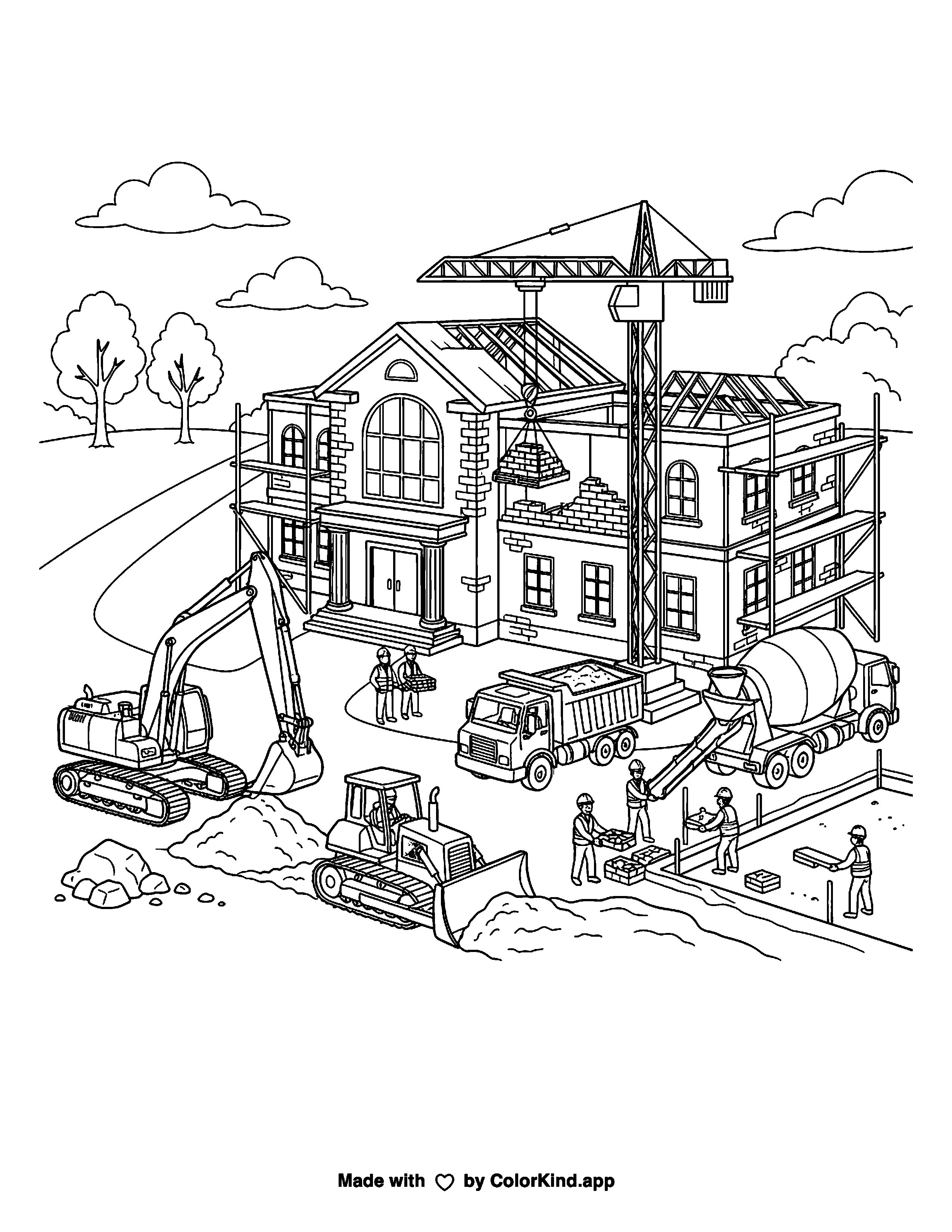Construction Vehicles Building a School as clean black-and-white printable line art made by ColorKind