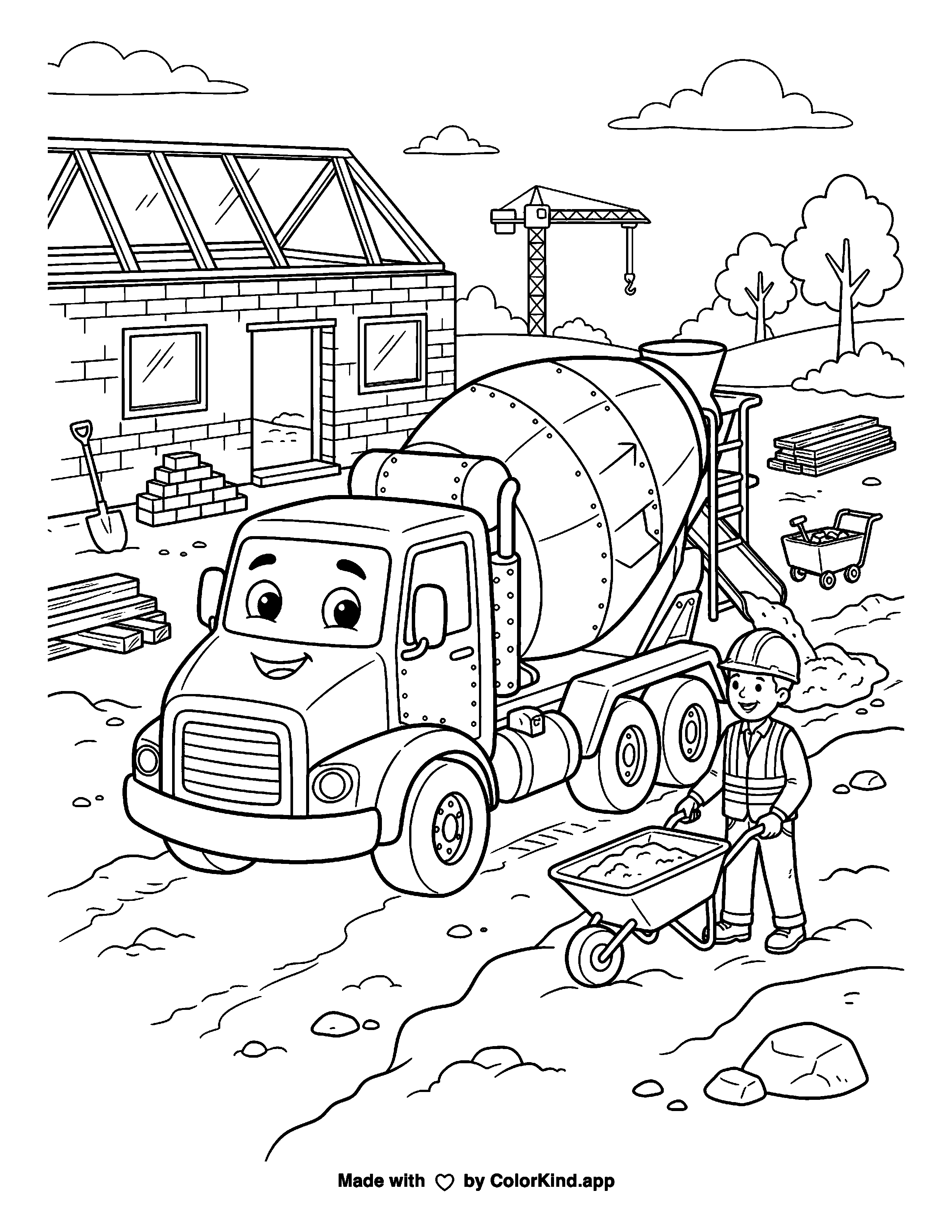 Cement Mixer as clean black-and-white printable line art made by ColorKind