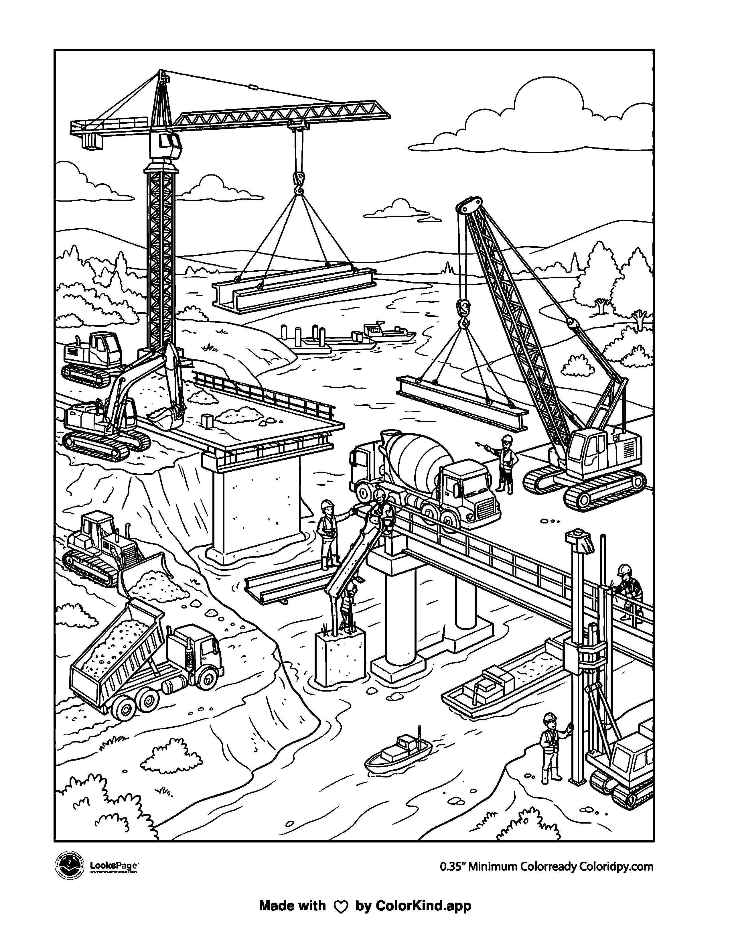 Construction Crew Building a Bridge as clean black-and-white printable line art made by ColorKind