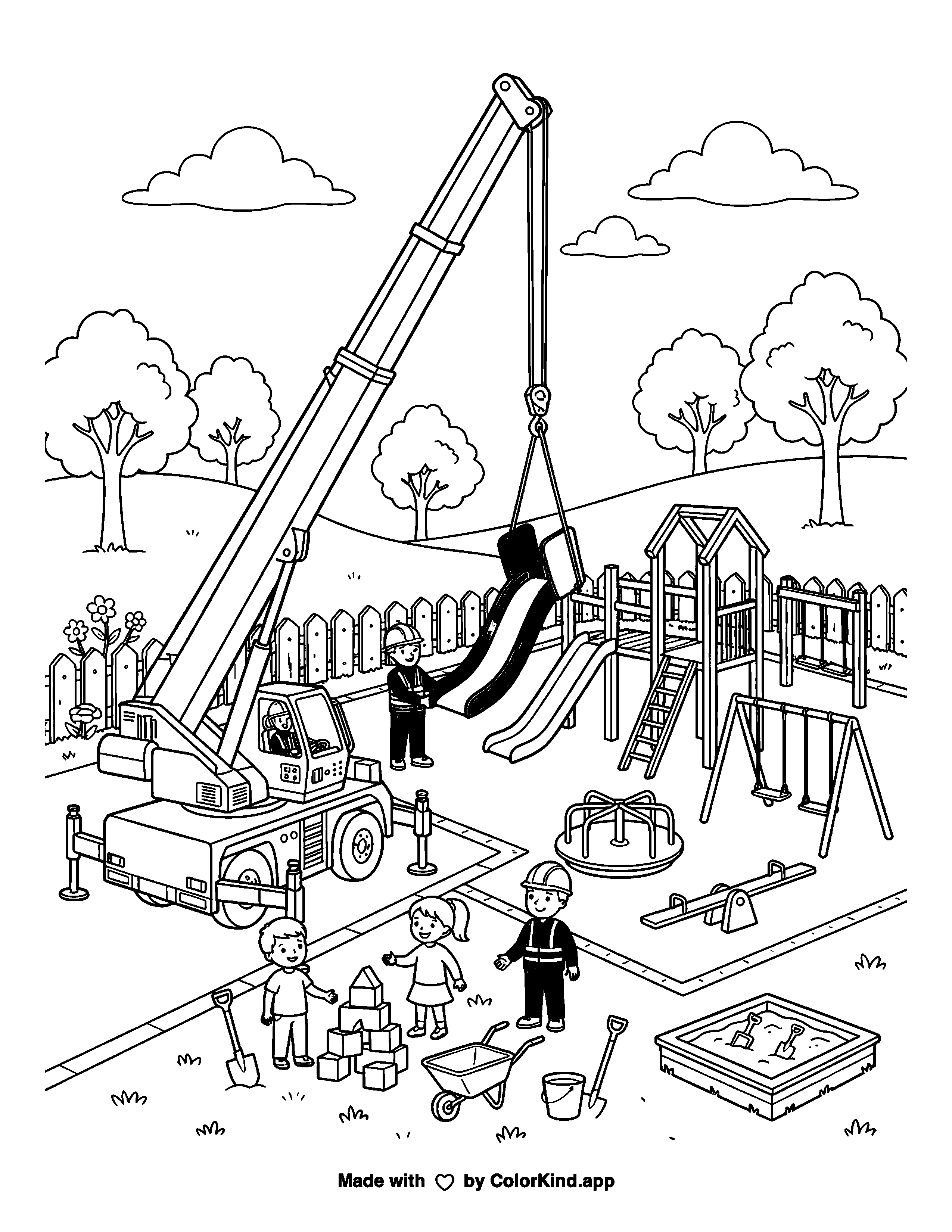 Crane Building a Playground as clean black-and-white printable line art made by ColorKind