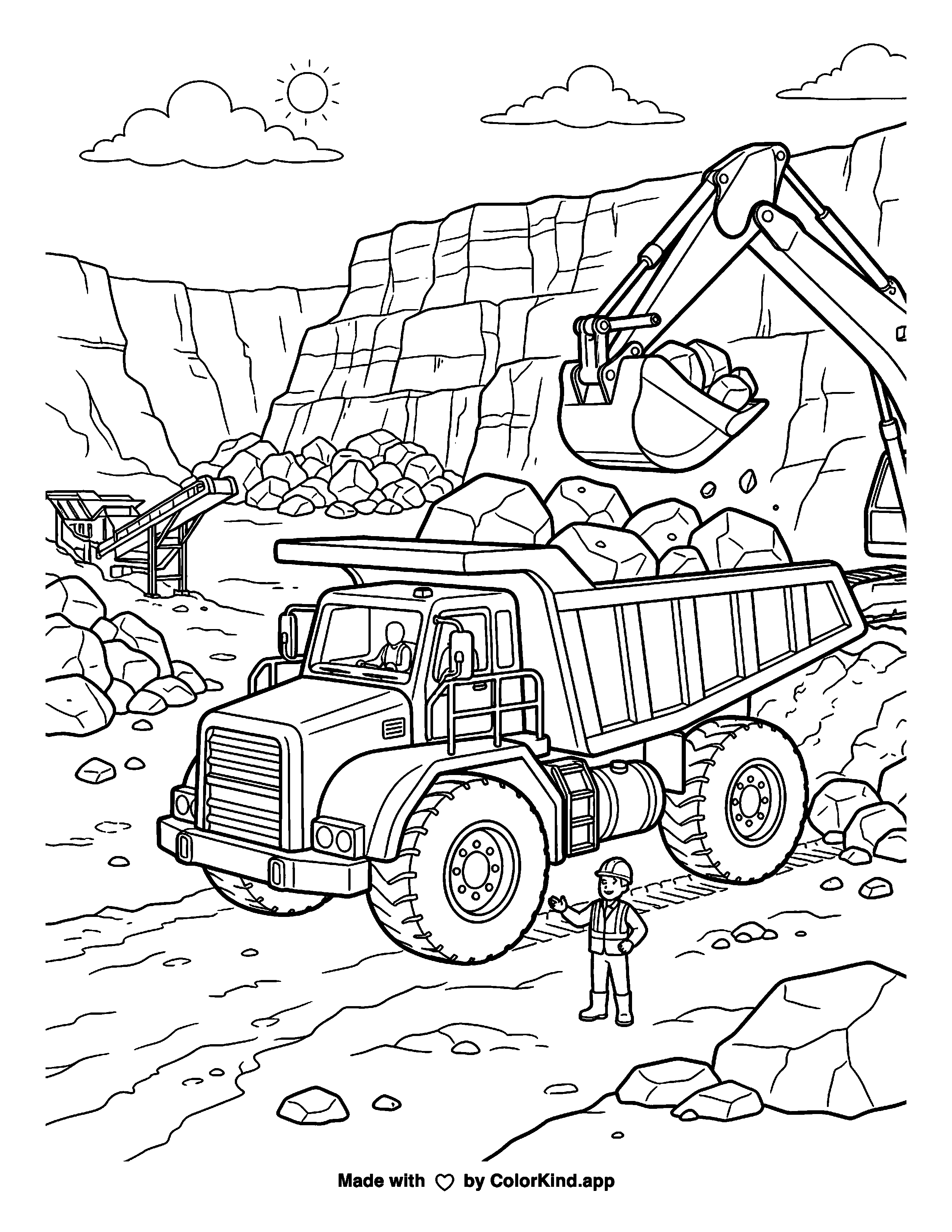 Dump Truck as clean black-and-white printable line art made by ColorKind