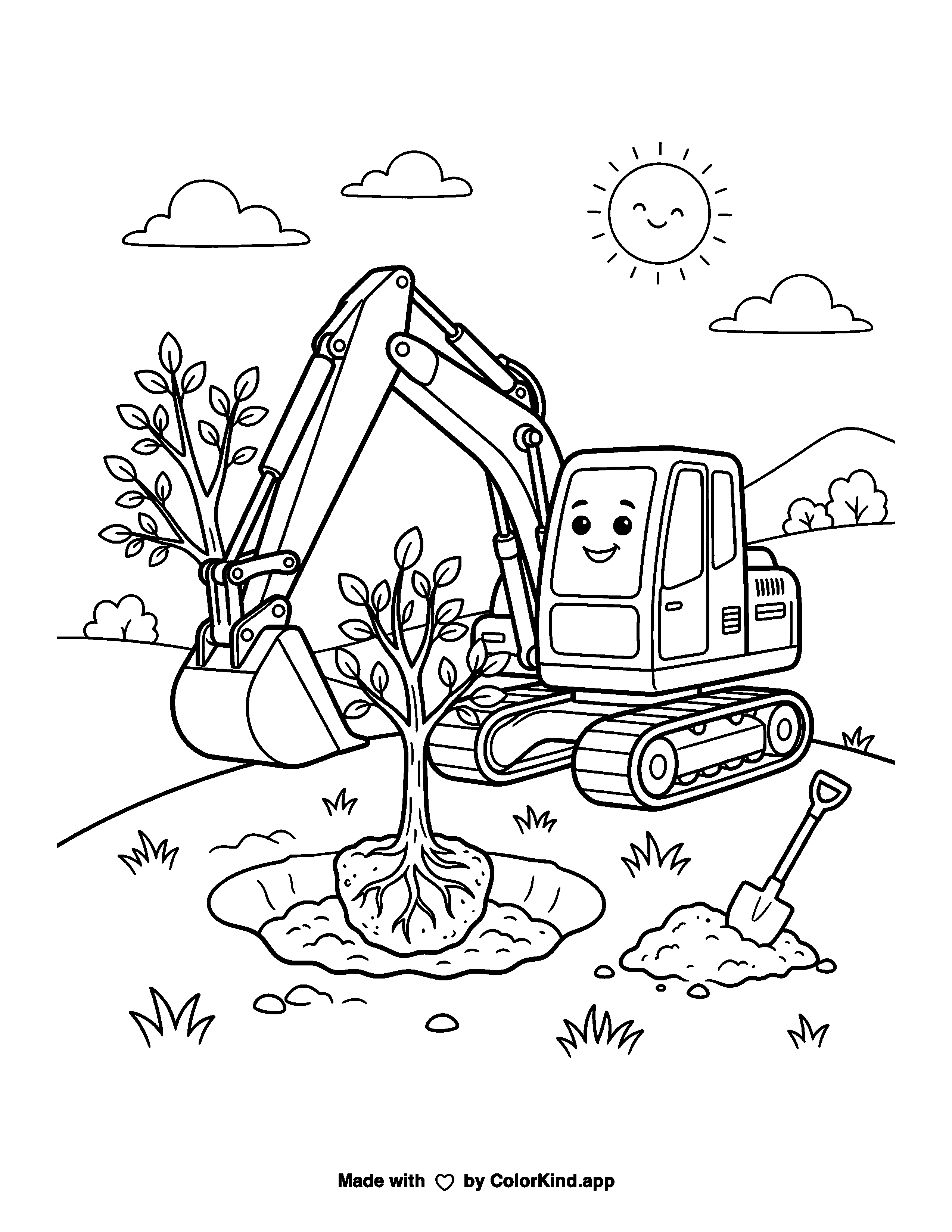 Excavator Planting a Tree as clean black-and-white printable line art made by ColorKind