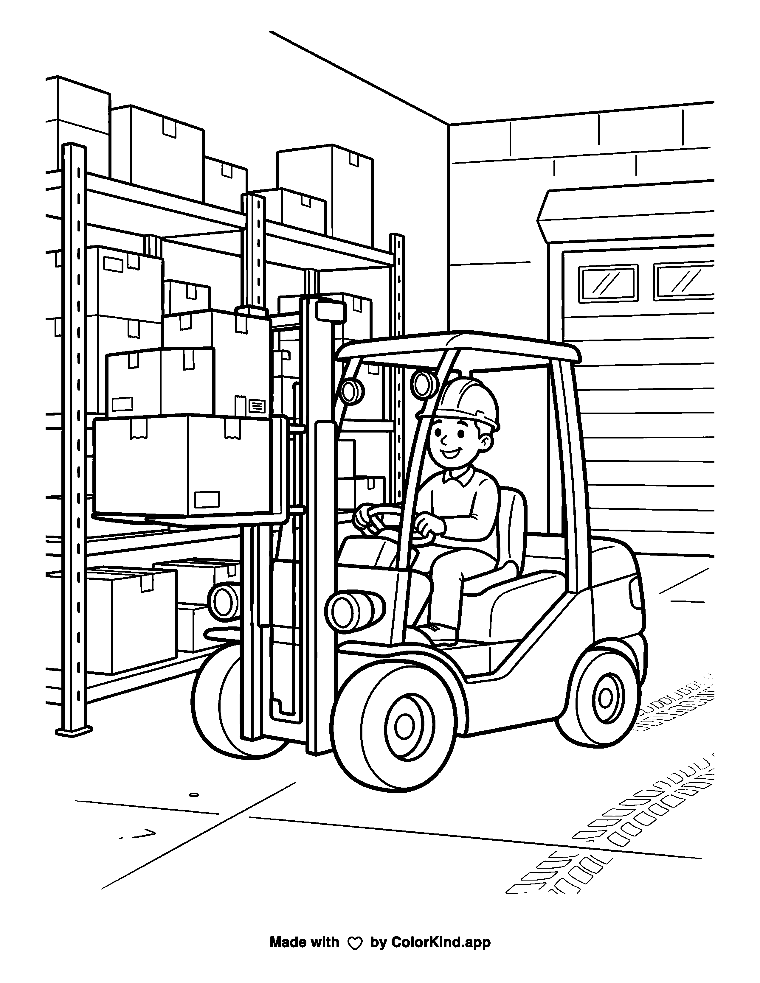 Forklift as clean black-and-white printable line art made by ColorKind
