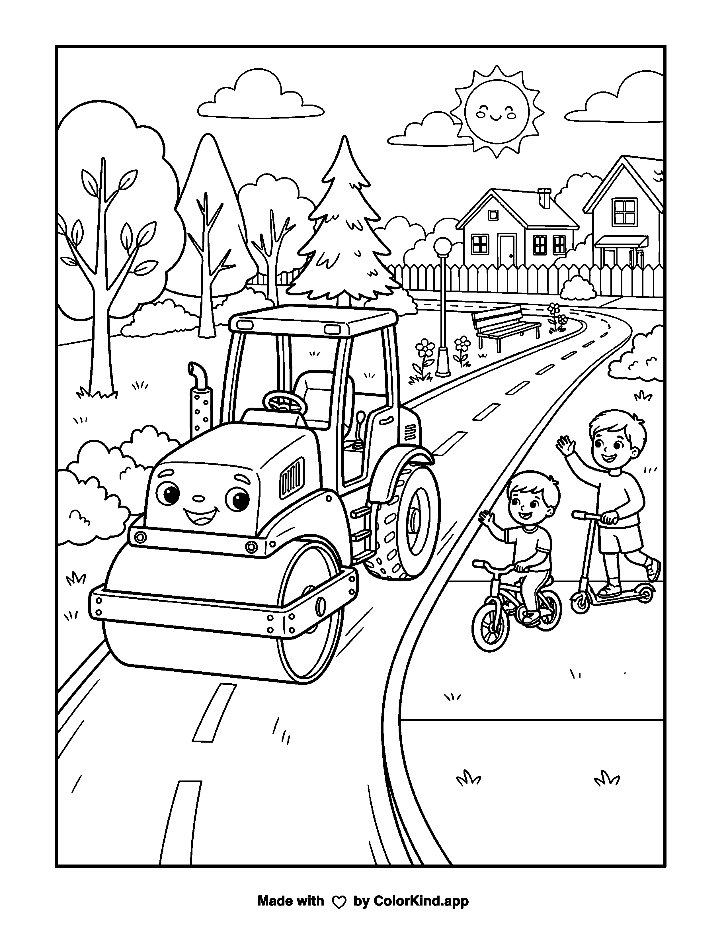 Road Roller as clean black-and-white printable line art made by ColorKind