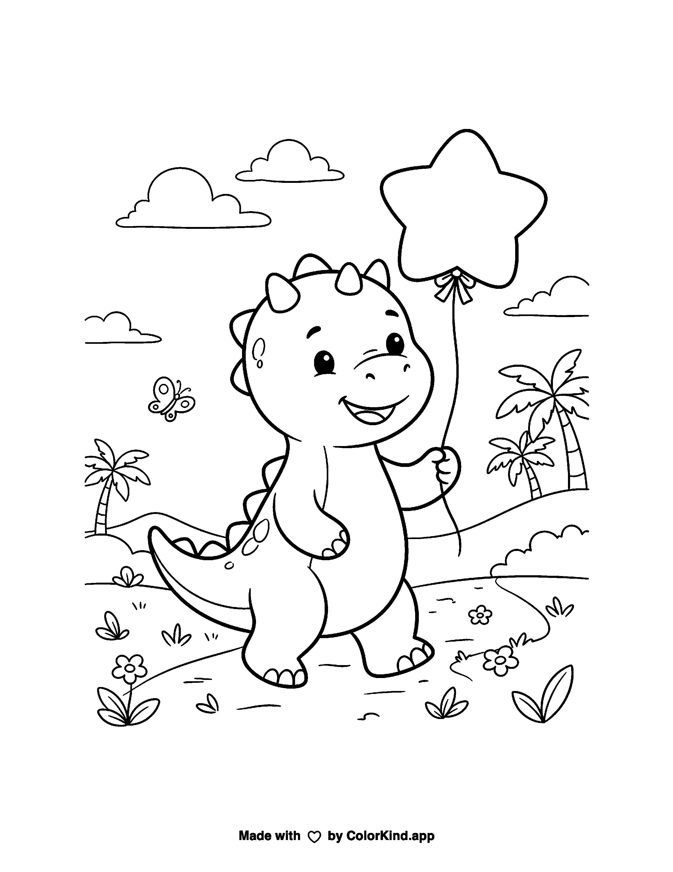Baby Dinosaur With a Balloon as clean black-and-white printable line art made by ColorKind