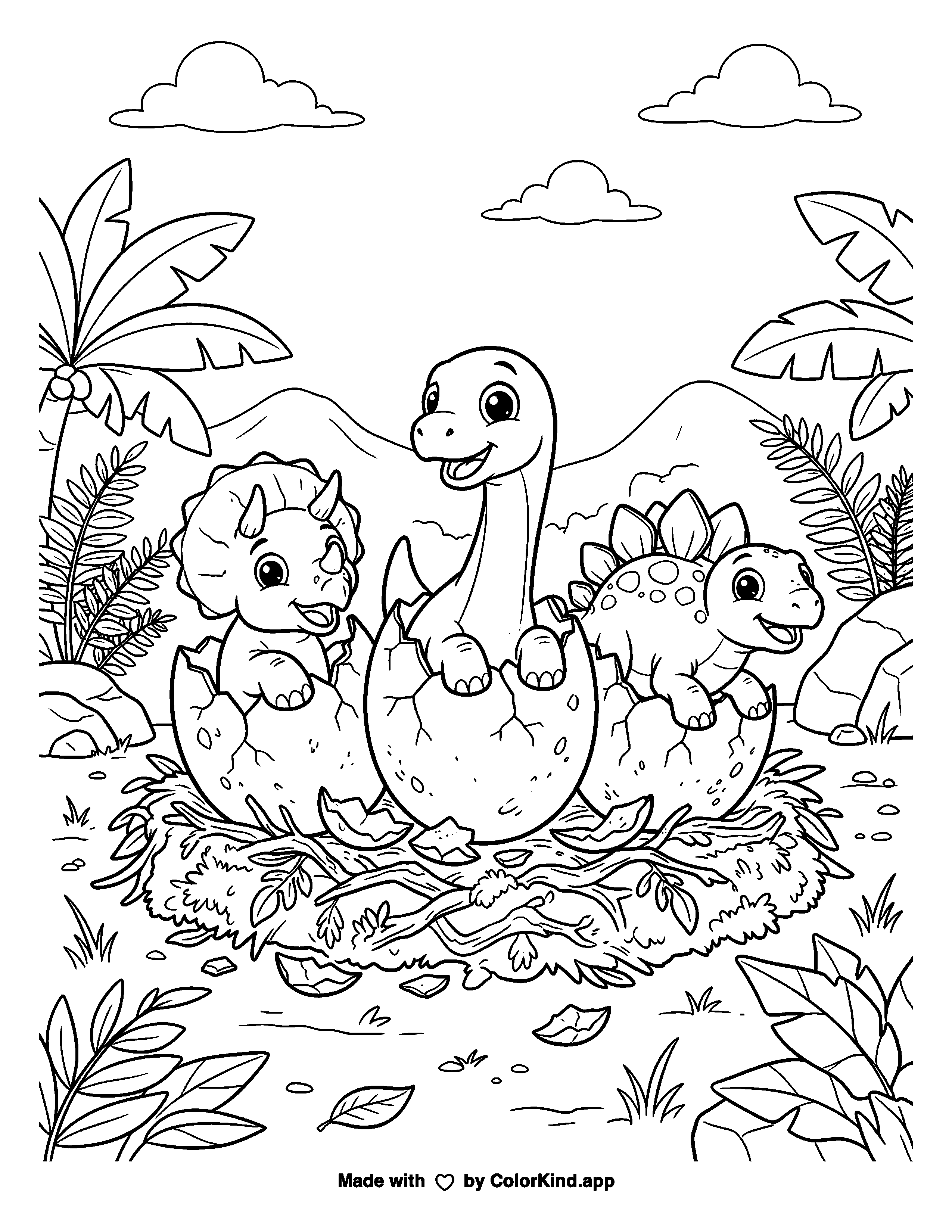 Baby Dinosaurs Hatching as clean black-and-white printable line art made by ColorKind