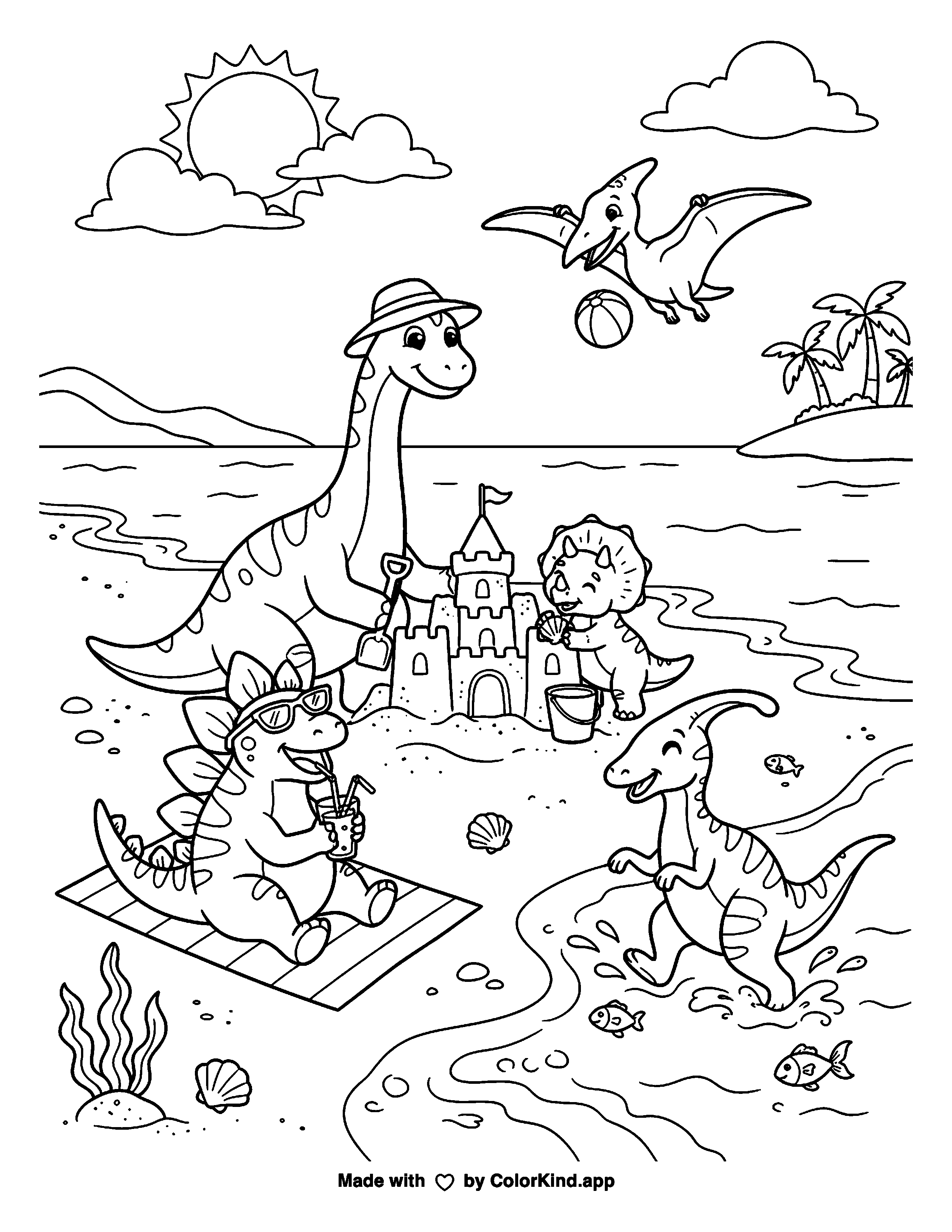 Dinosaur Beach Day as clean black-and-white printable line art made by ColorKind
