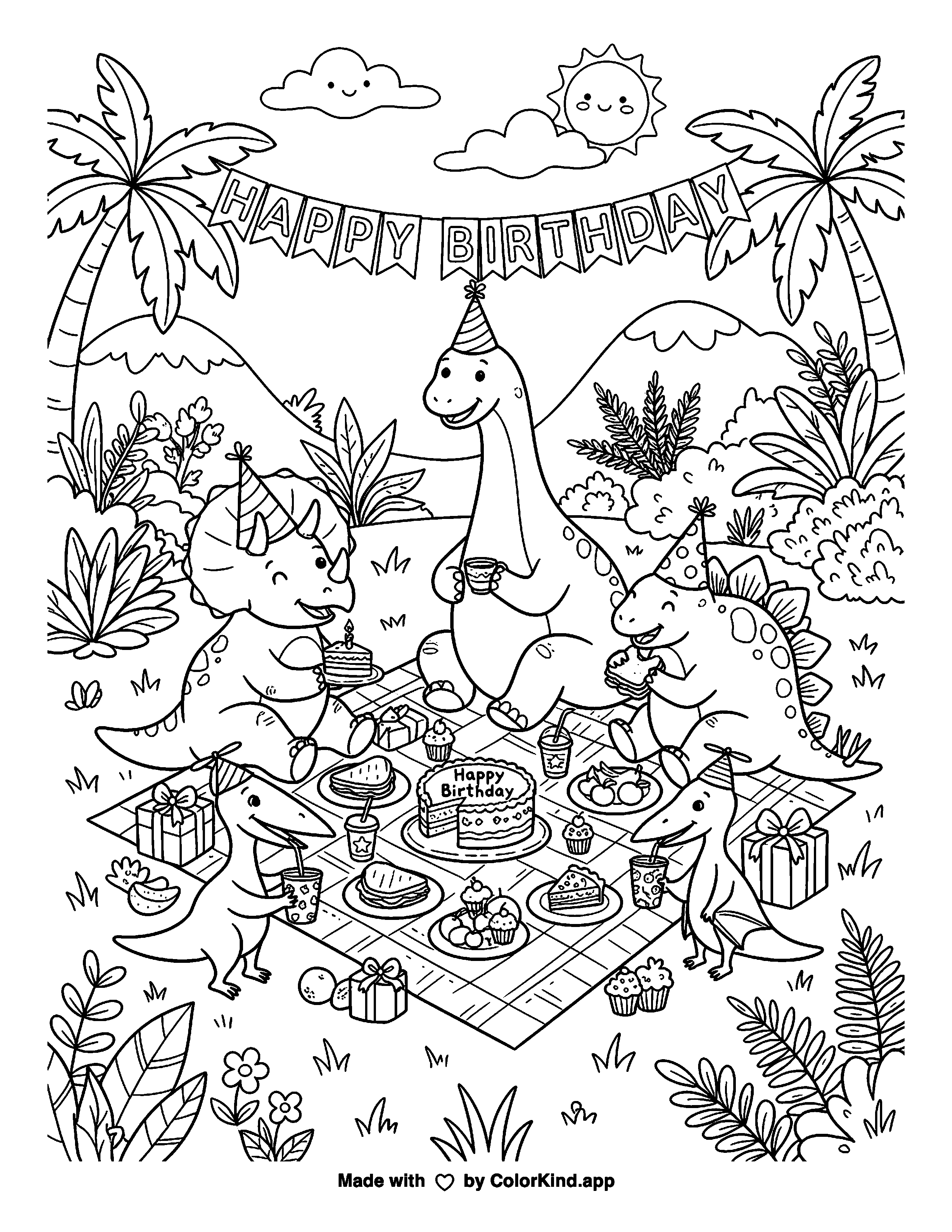 Dinosaur Birthday Picnic as clean black-and-white printable line art made by ColorKind