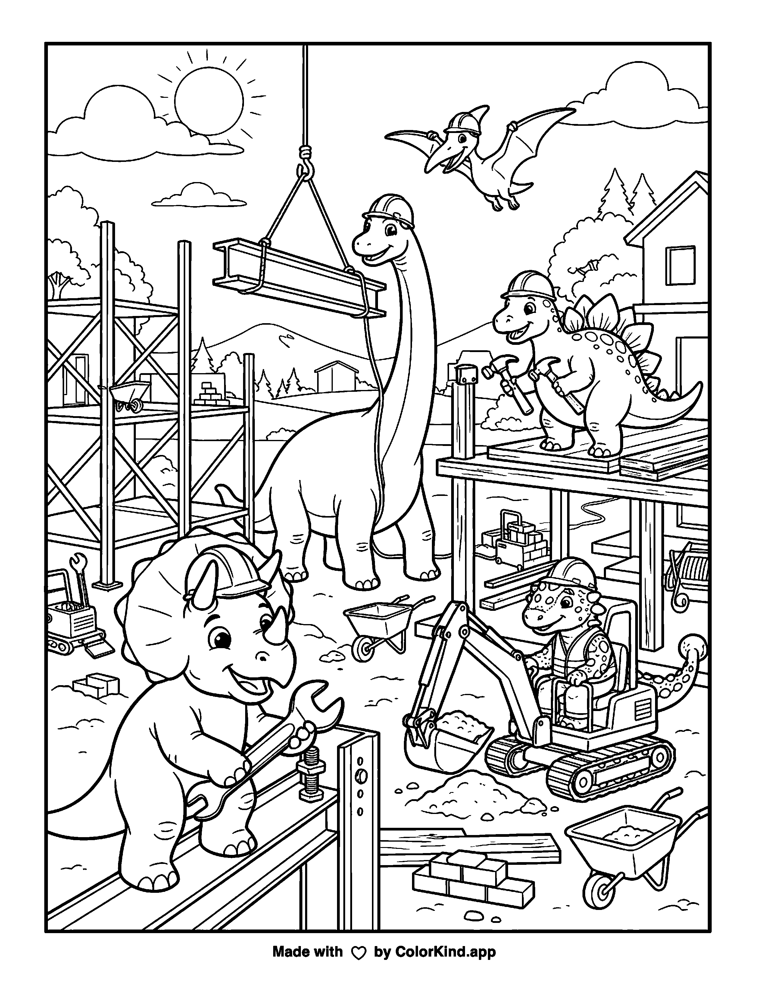 Dinosaur Construction Crew as clean black-and-white printable line art made by ColorKind