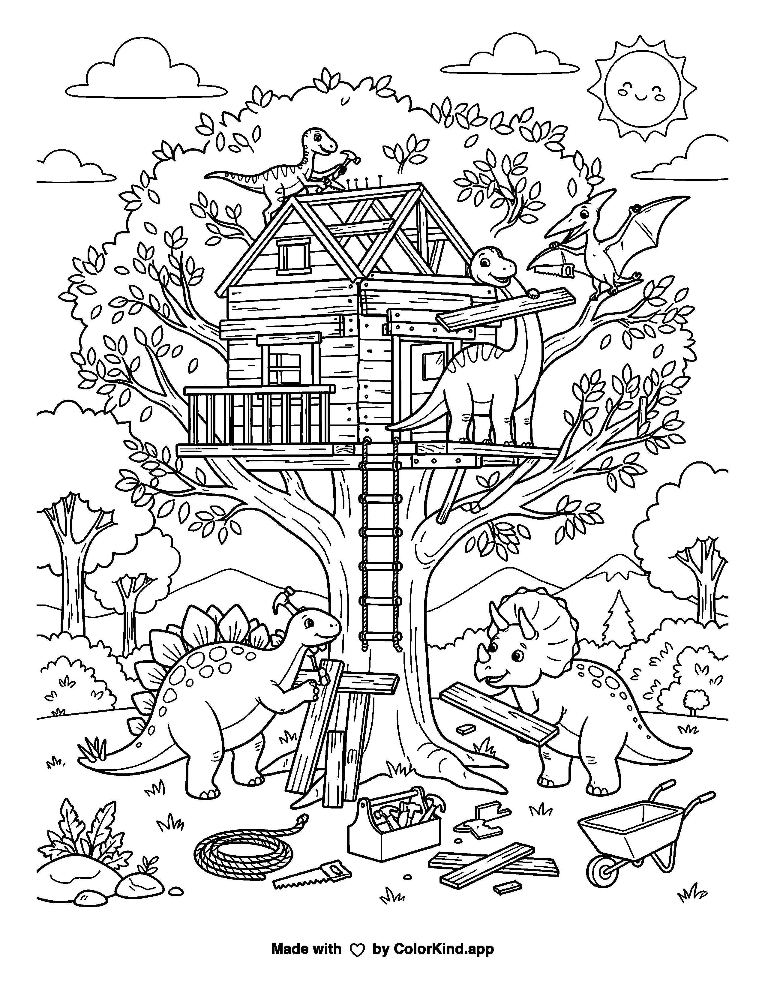 Dinosaurs Building a Treehouse as clean black-and-white printable line art made by ColorKind