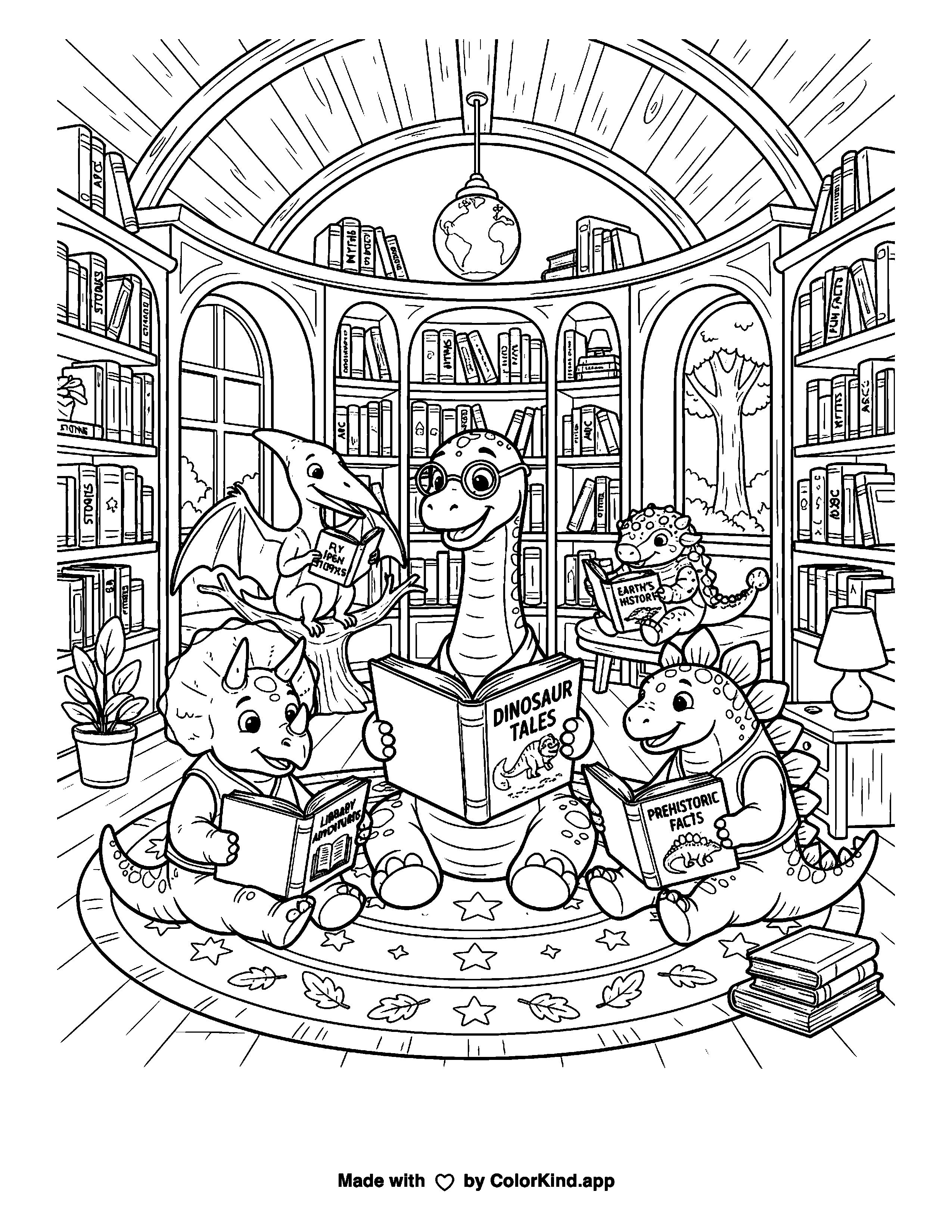 Dinosaurs Reading in a Library as clean black-and-white printable line art made by ColorKind