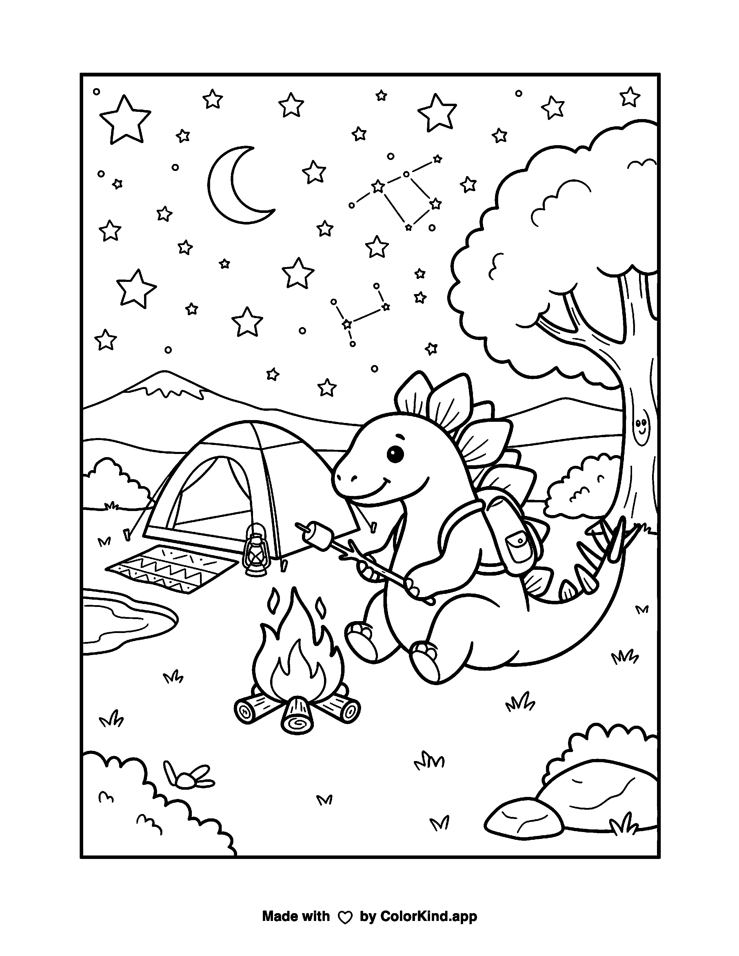 Stegosaurus Camping as clean black-and-white printable line art made by ColorKind