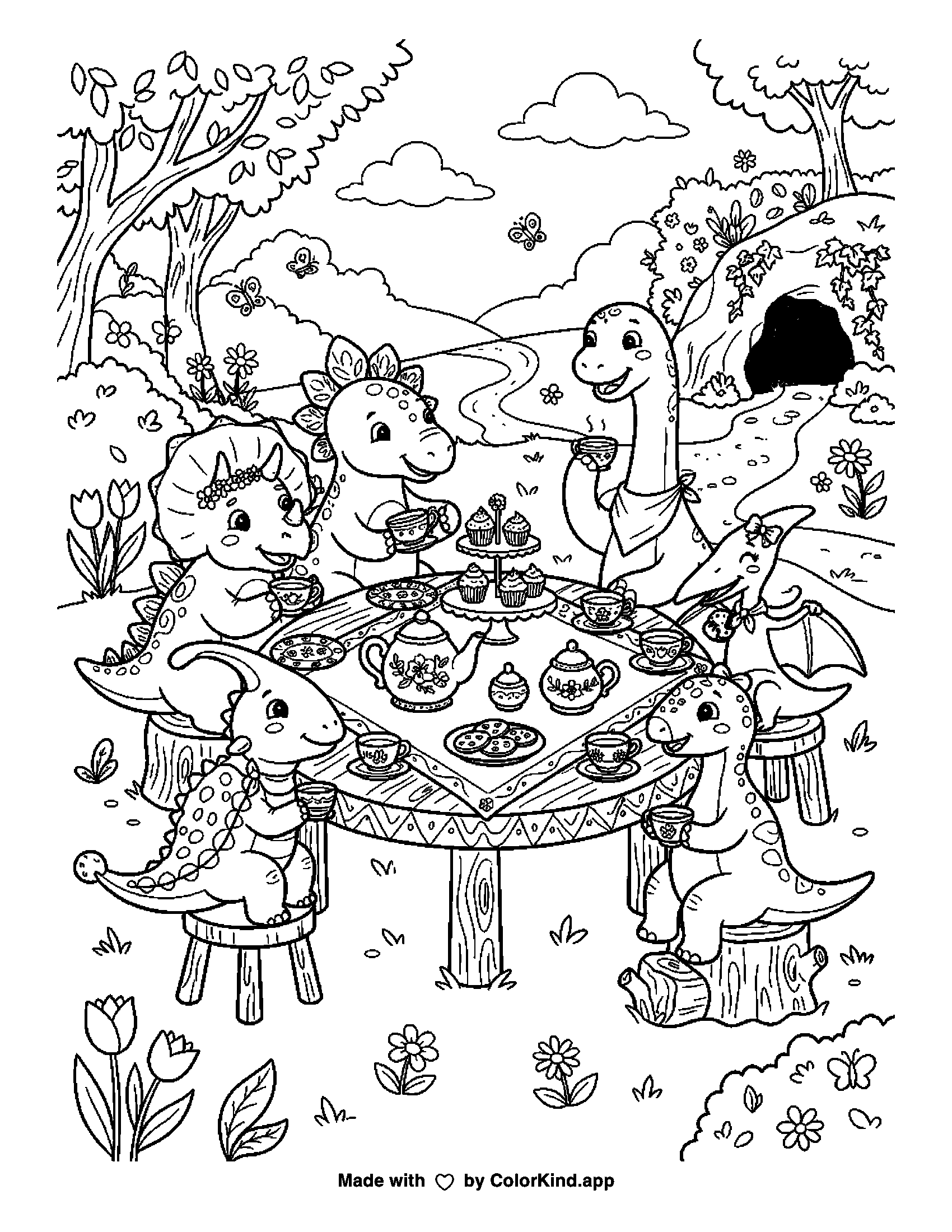 Dinosaur Tea Party as clean black-and-white printable line art made by ColorKind