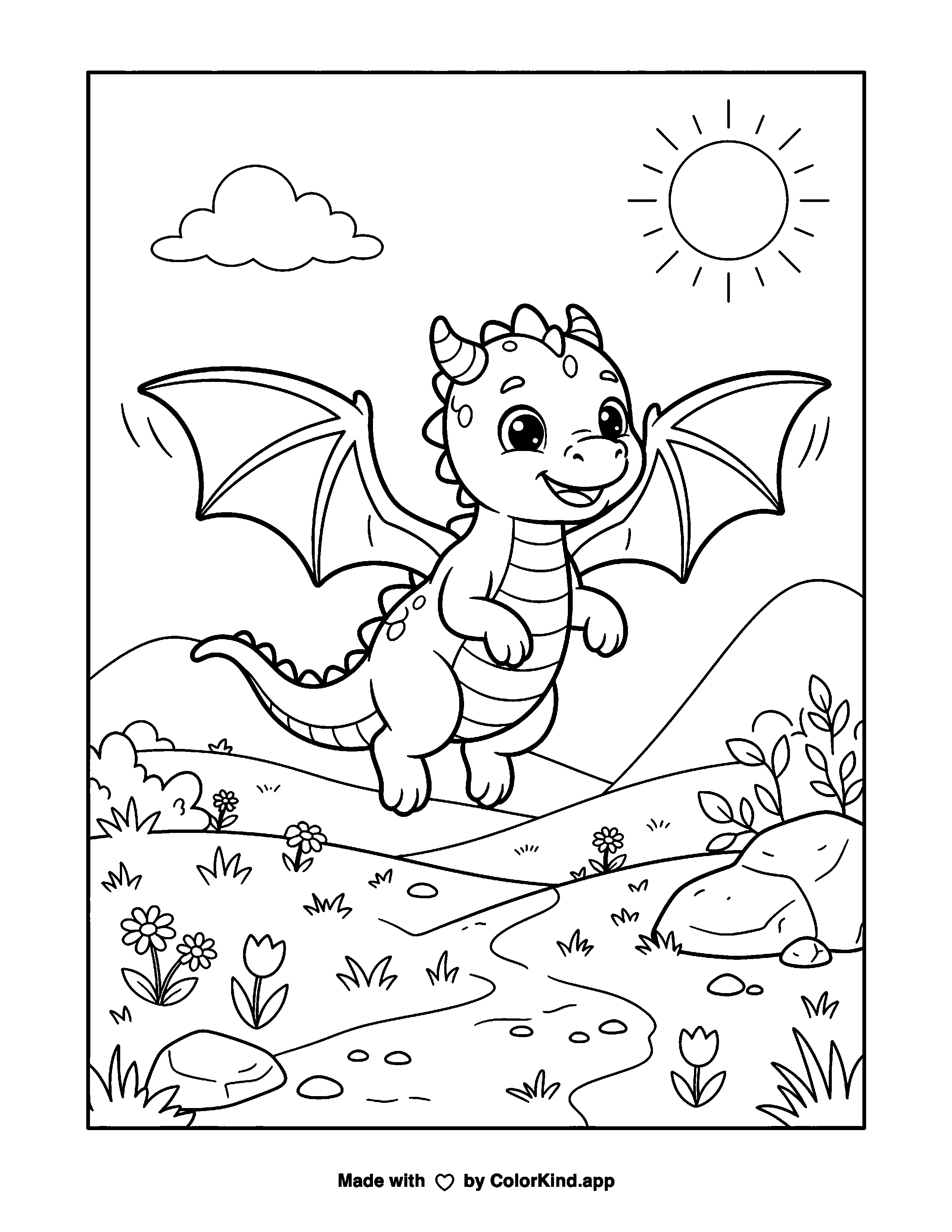 Baby Dragon Learning to Fly as clean black-and-white printable line art made by ColorKind