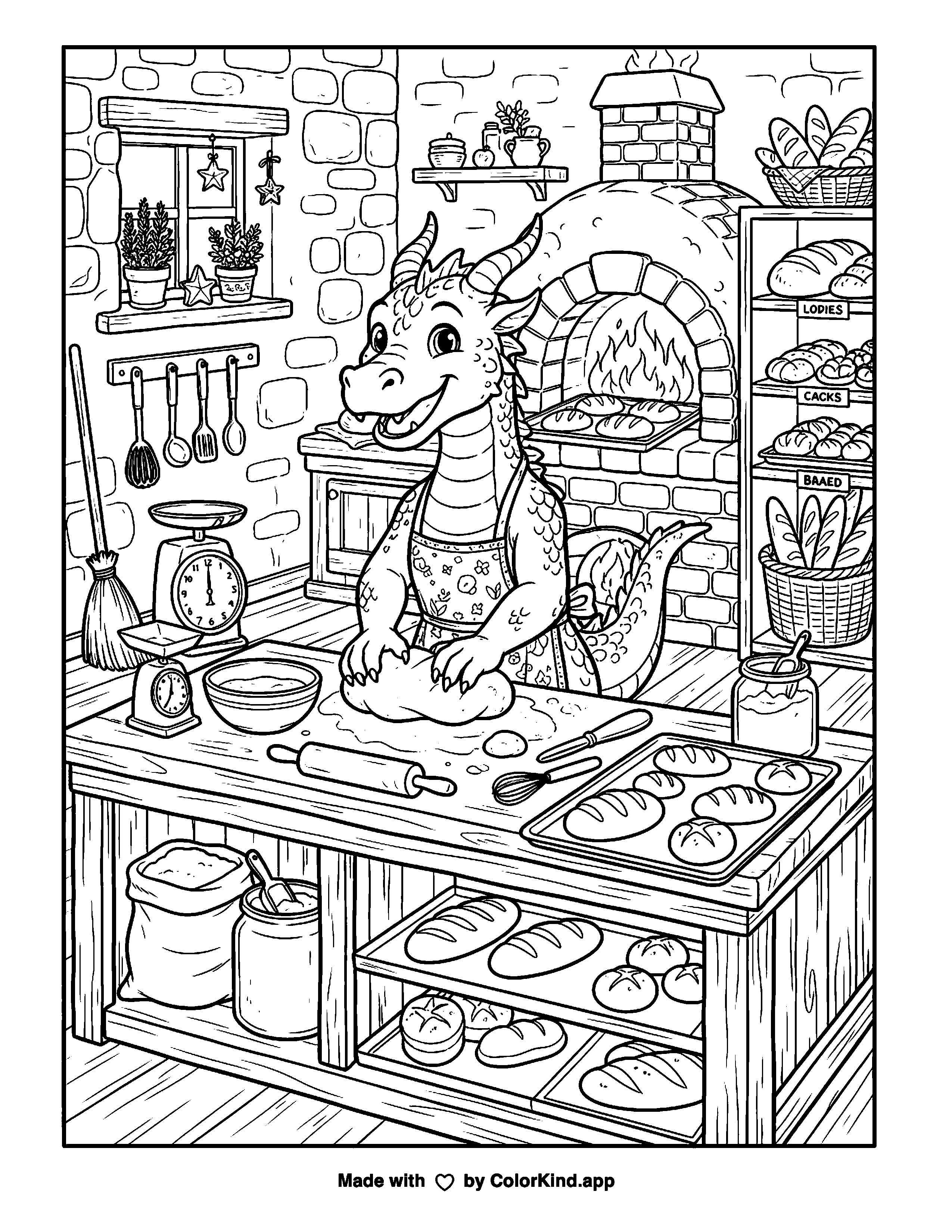 Dragon Bakery as clean black-and-white printable line art made by ColorKind