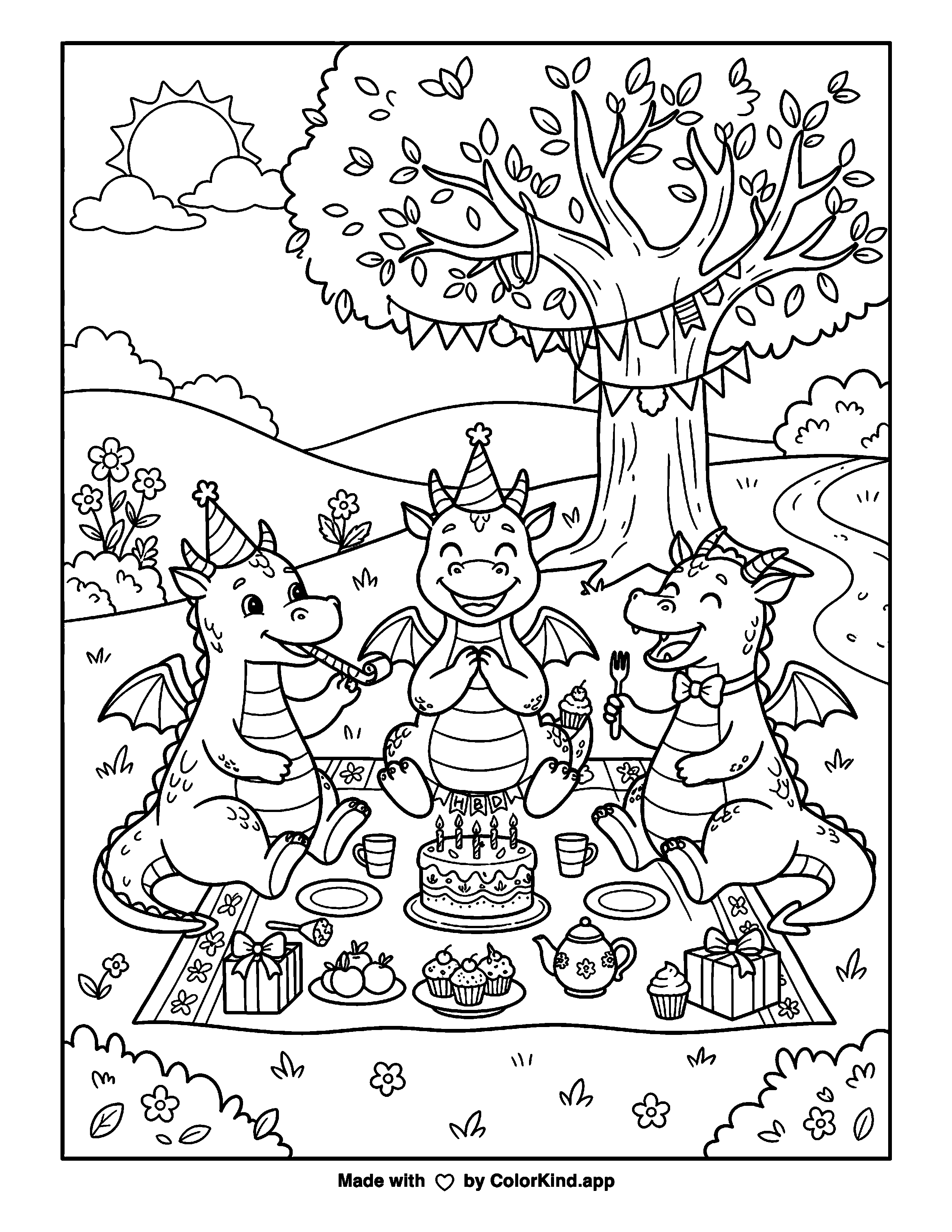 Dragon Birthday Picnic as clean black-and-white printable line art made by ColorKind