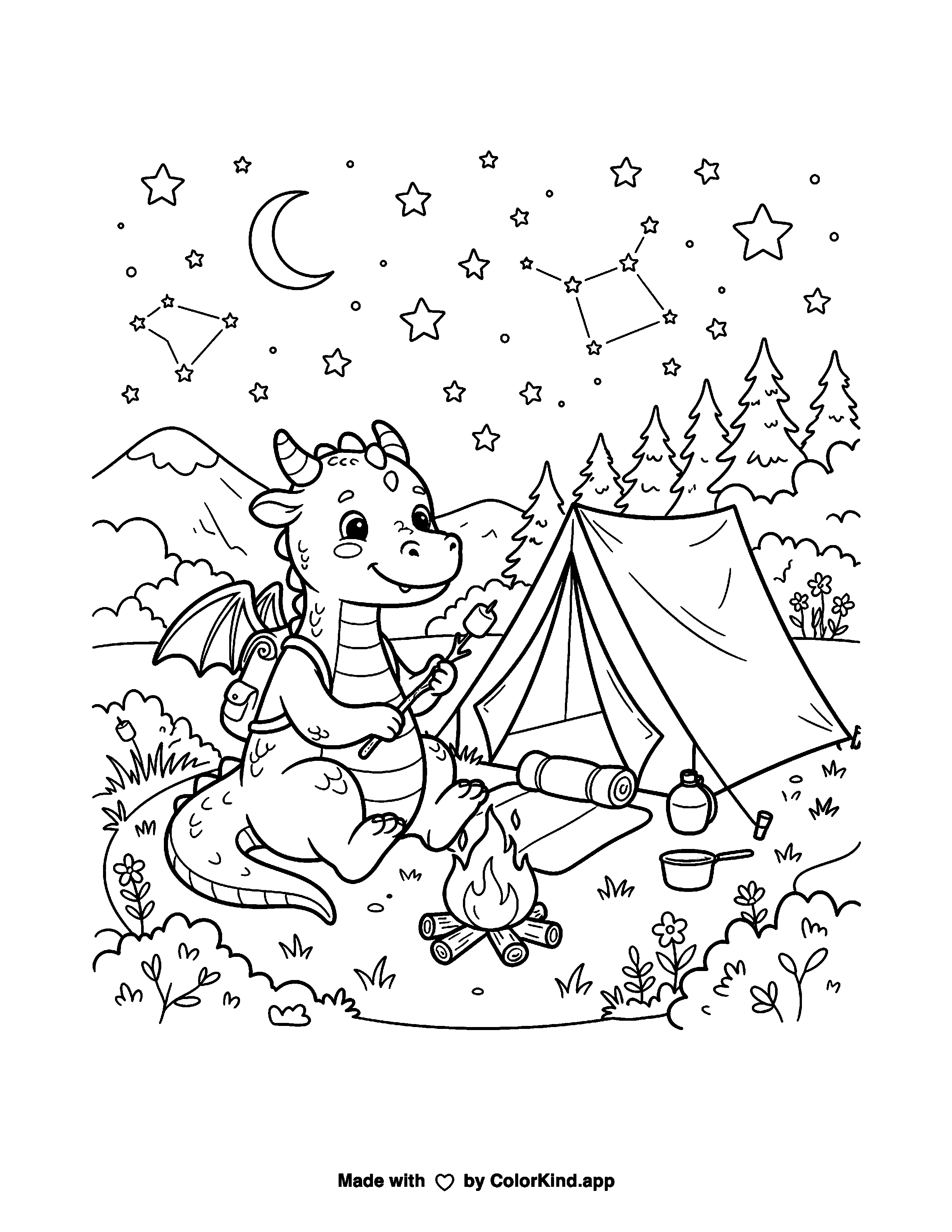 Dragon Camping as clean black-and-white printable line art made by ColorKind