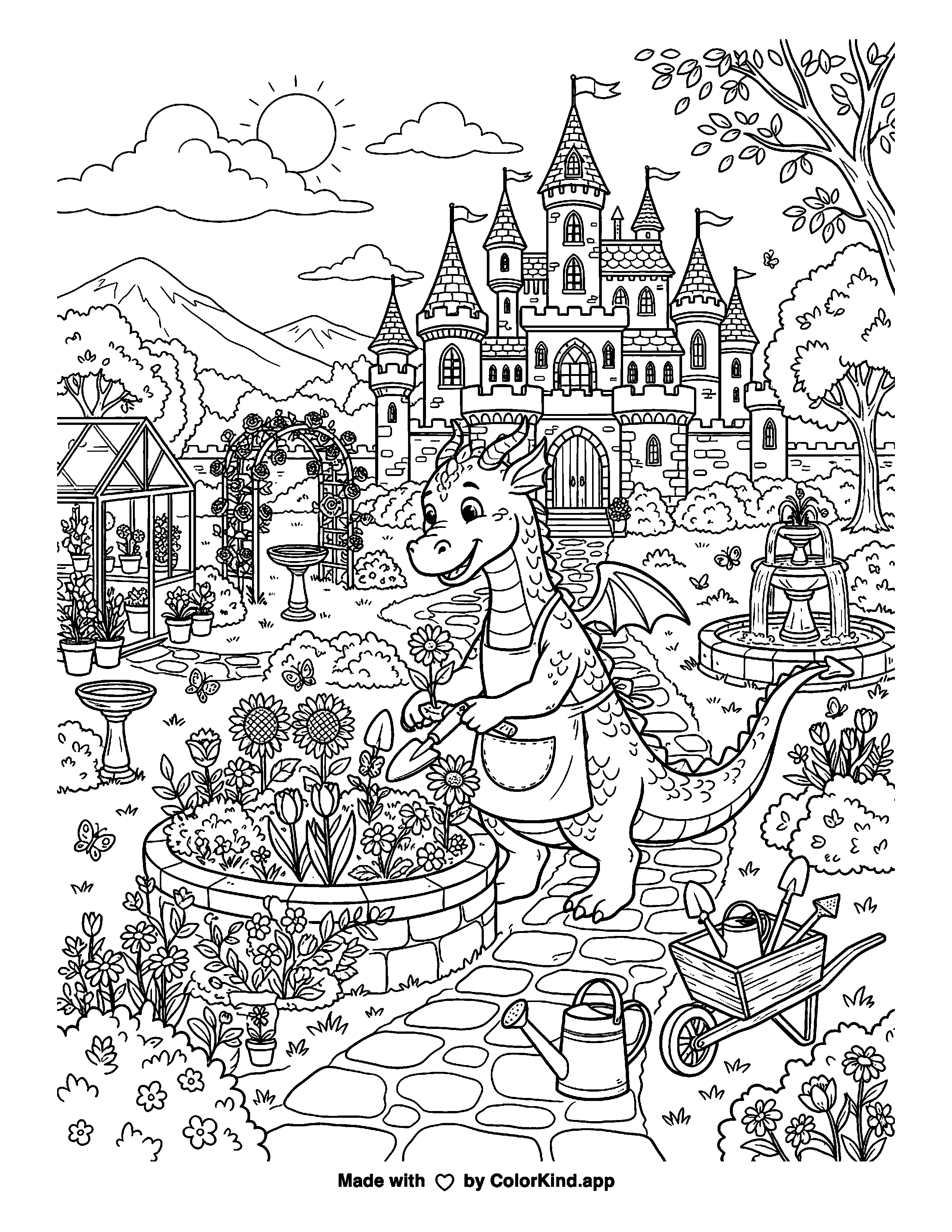 Dragon Castle Garden as clean black-and-white printable line art made by ColorKind