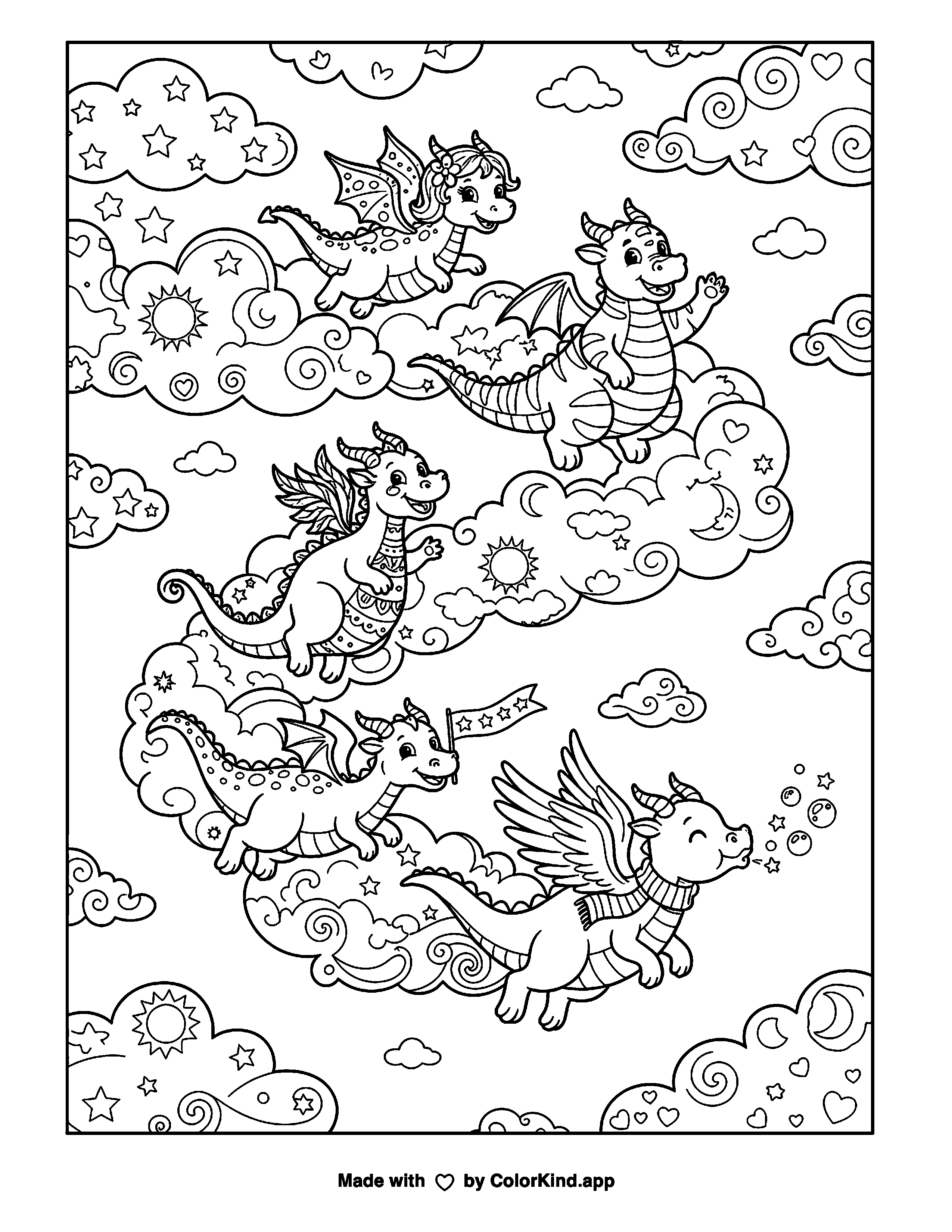 Dragon Cloud Parade as clean black-and-white printable line art made by ColorKind