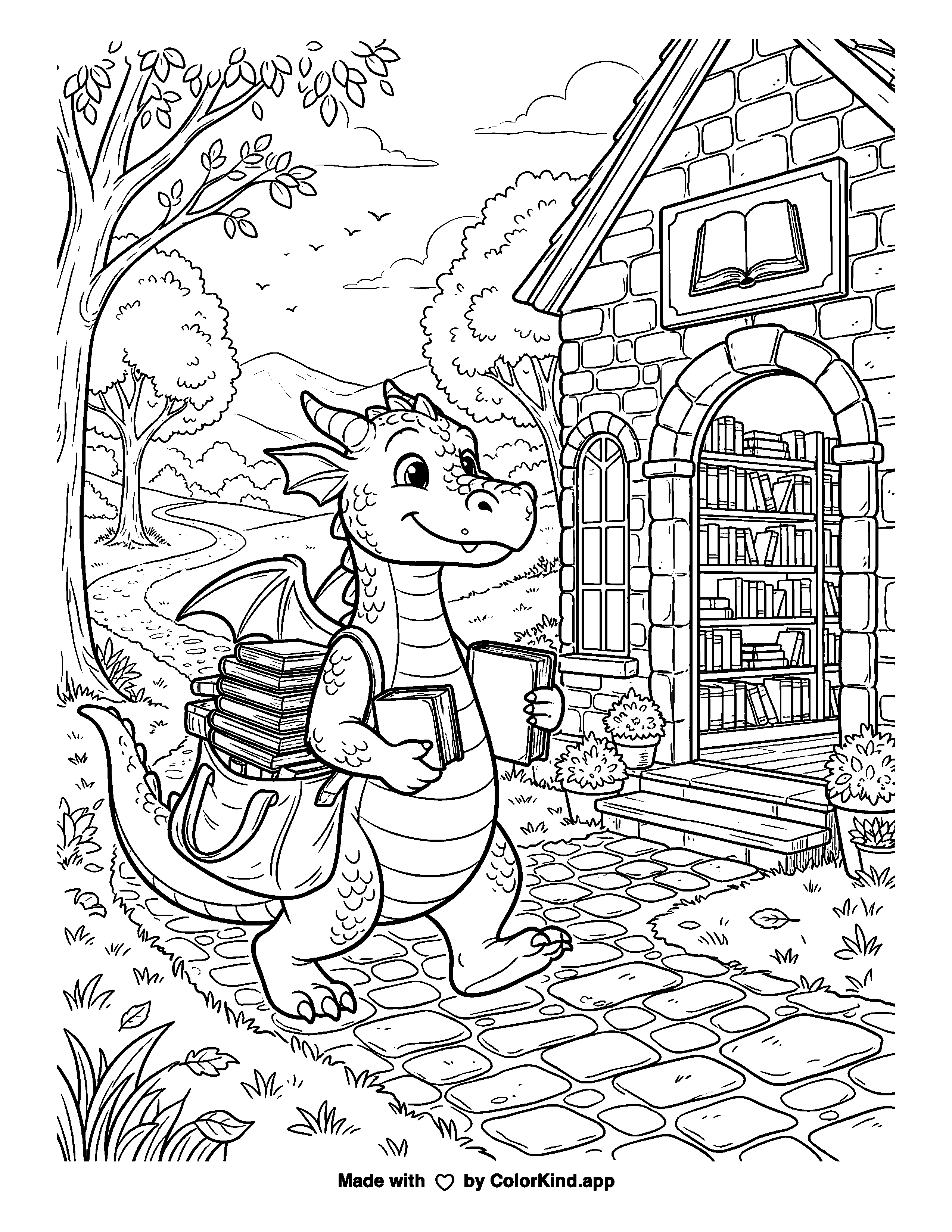 Original coloring page of a dragon delivering books in a library