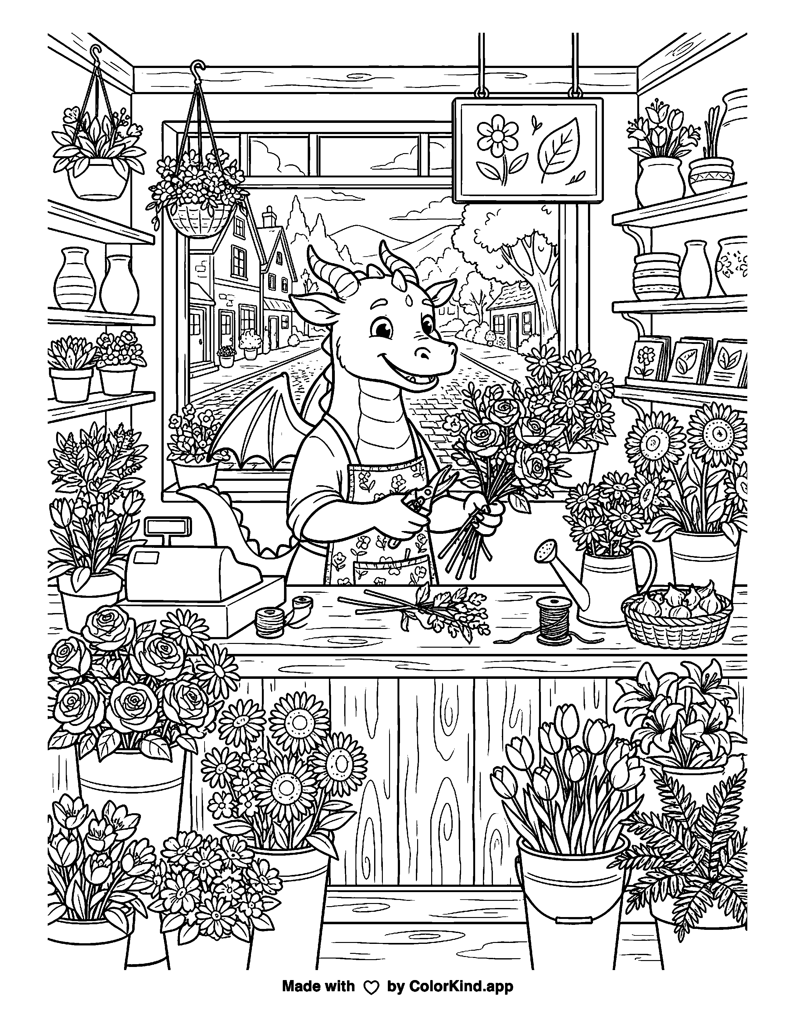 Dragon Flower Shop as clean black-and-white printable line art made by ColorKind