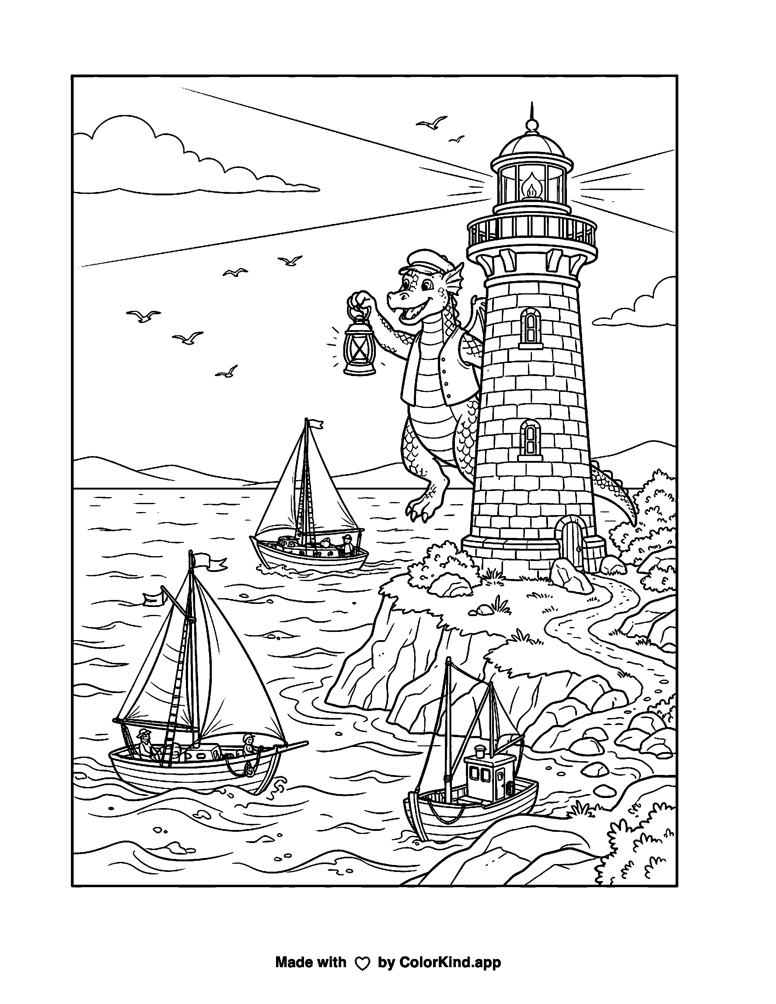 Dragon Lighthouse Keeper as clean black-and-white printable line art made by ColorKind