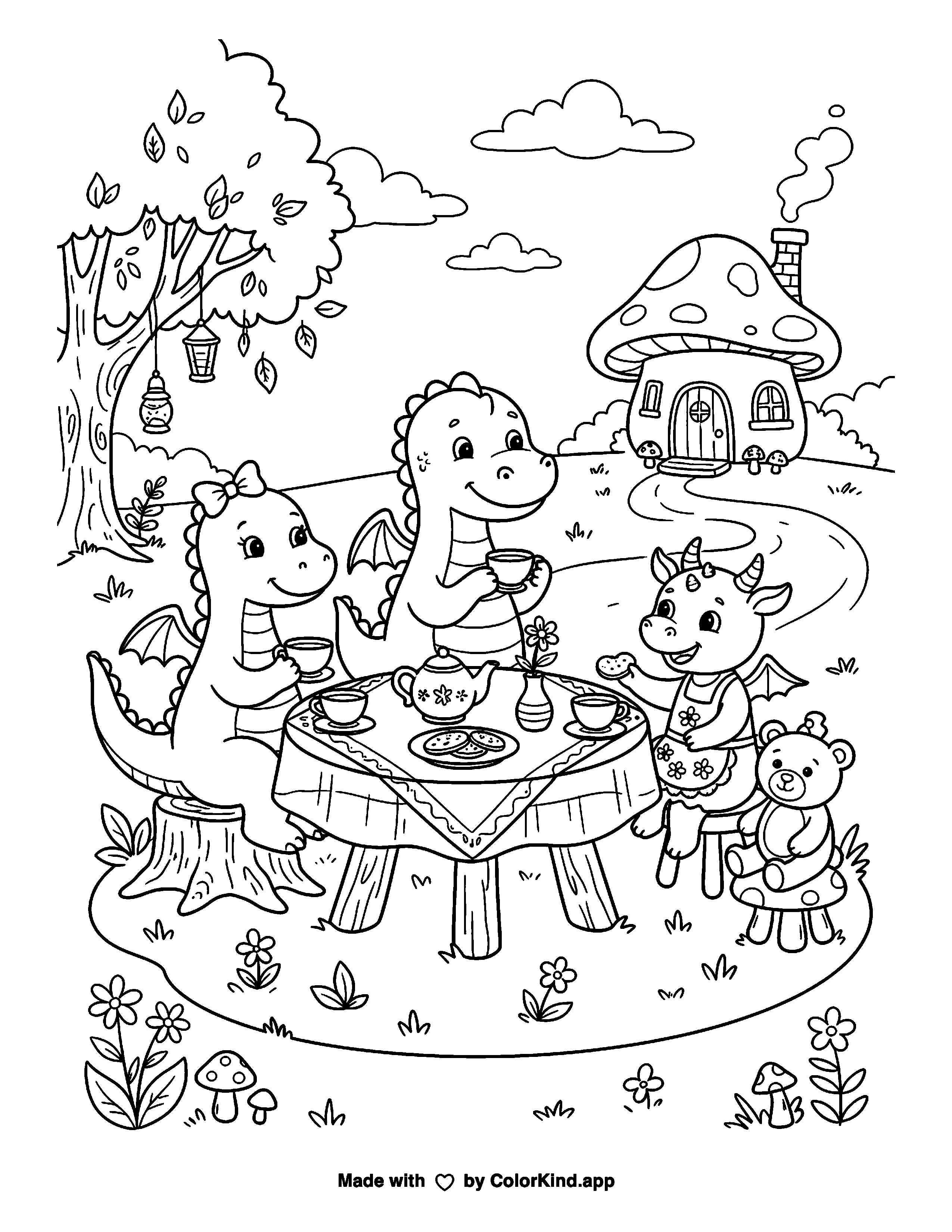 Dragon Tea Party as clean black-and-white printable line art made by ColorKind