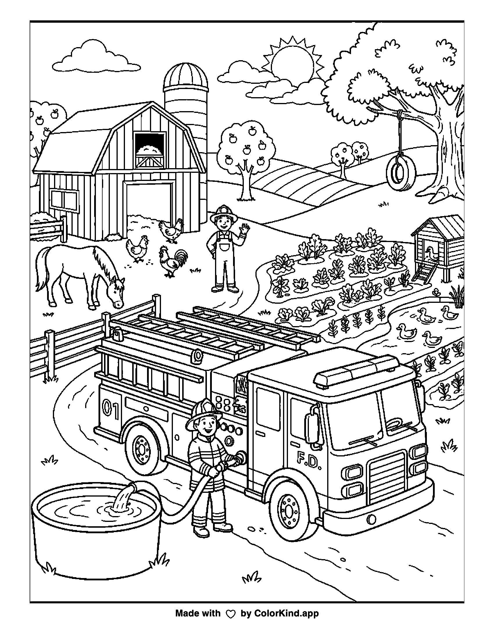 A print-ready ColorKind example for emergency vehicle coloring page ideas