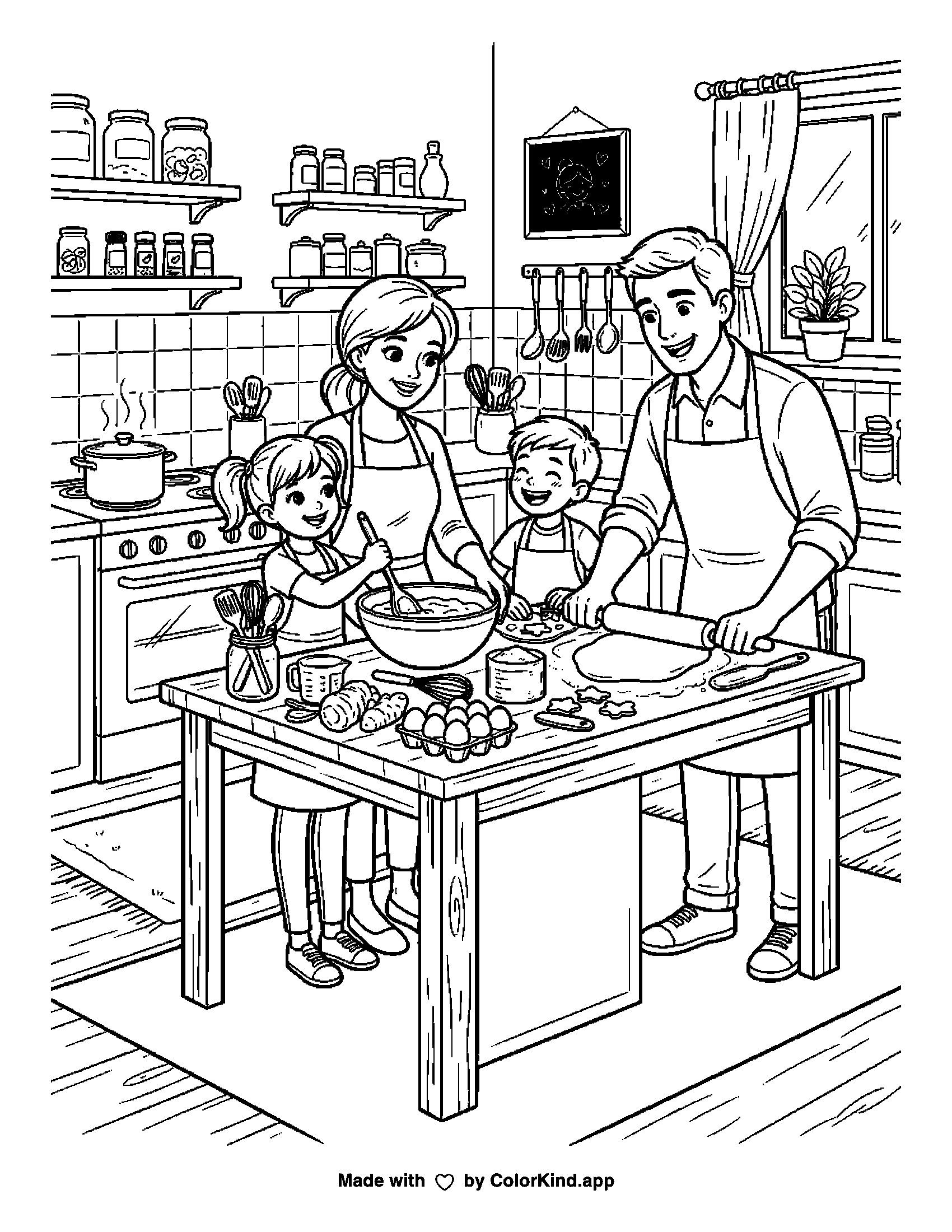 Printable family-moment coloring page ready for a child to personalize