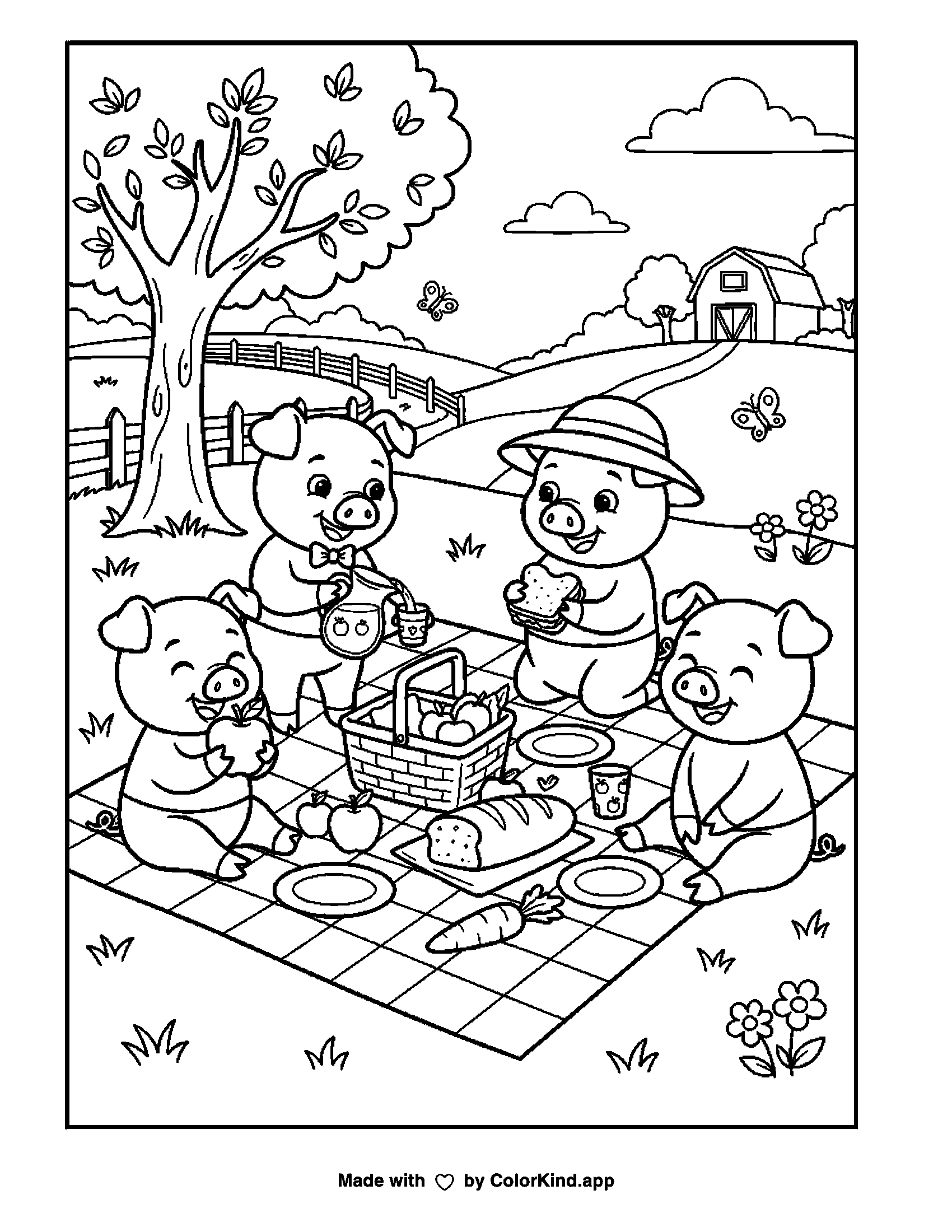 A print-ready ColorKind example for farm animal coloring page ideas