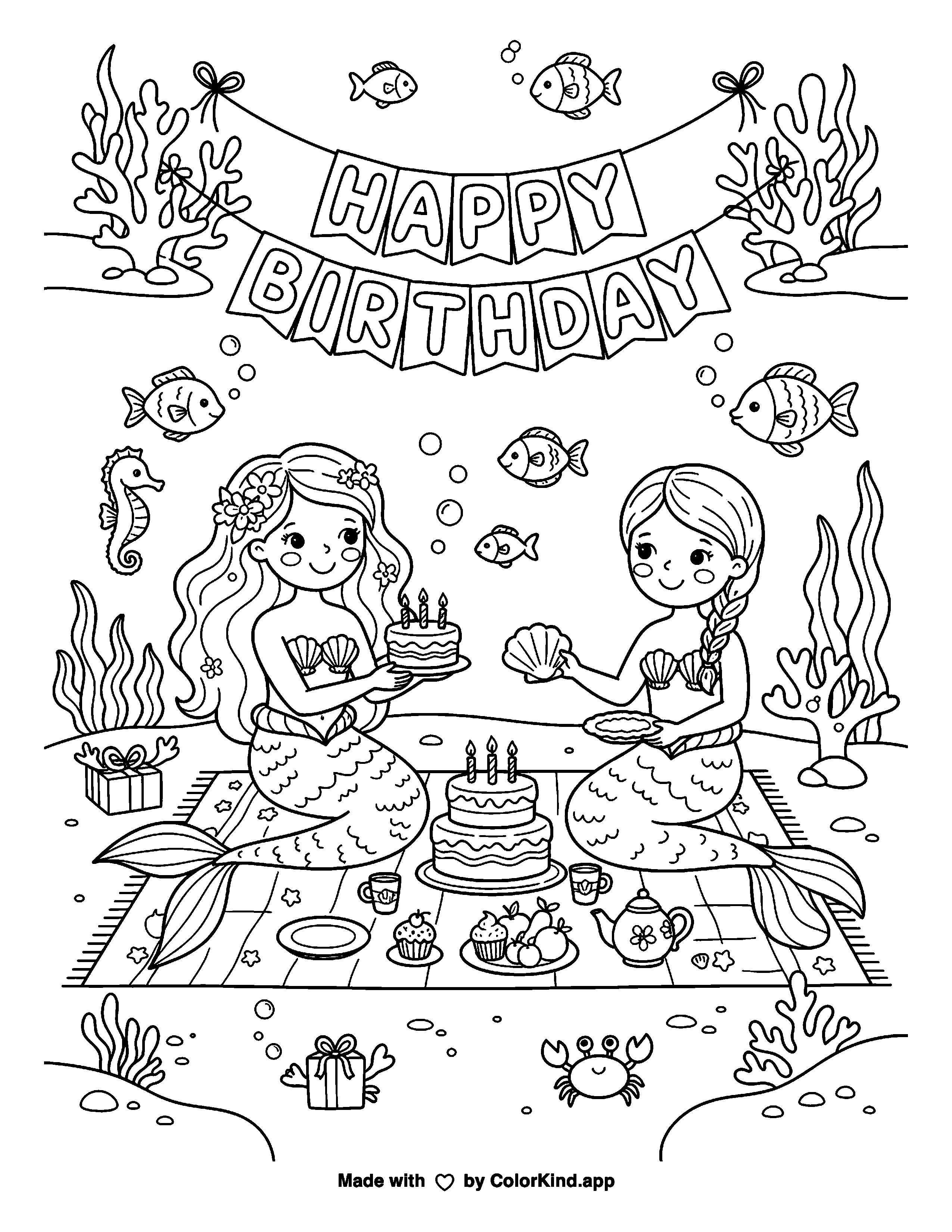 Mermaid Birthday Picnic as clean black-and-white printable line art made by ColorKind