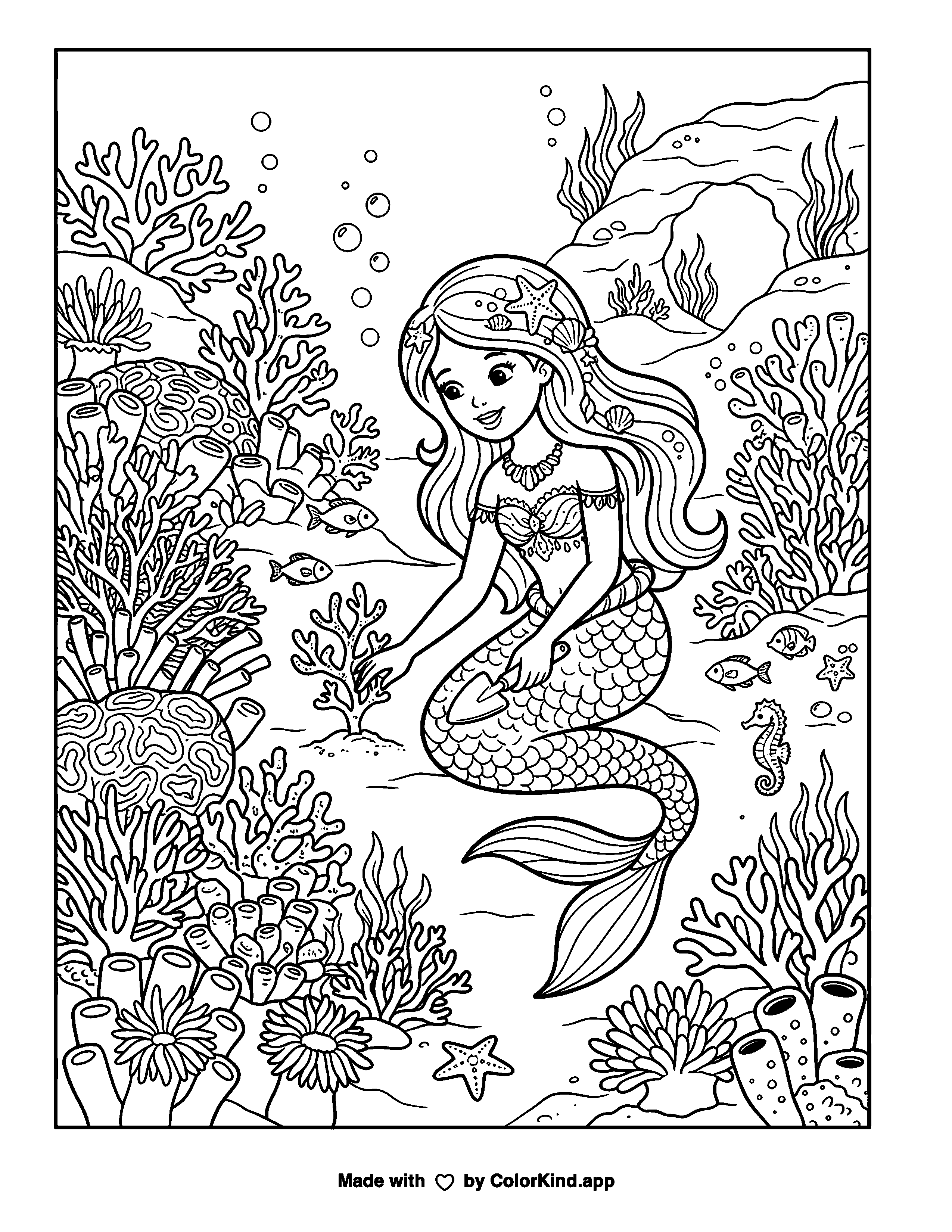 Mermaid Coral Garden as clean black-and-white printable line art made by ColorKind