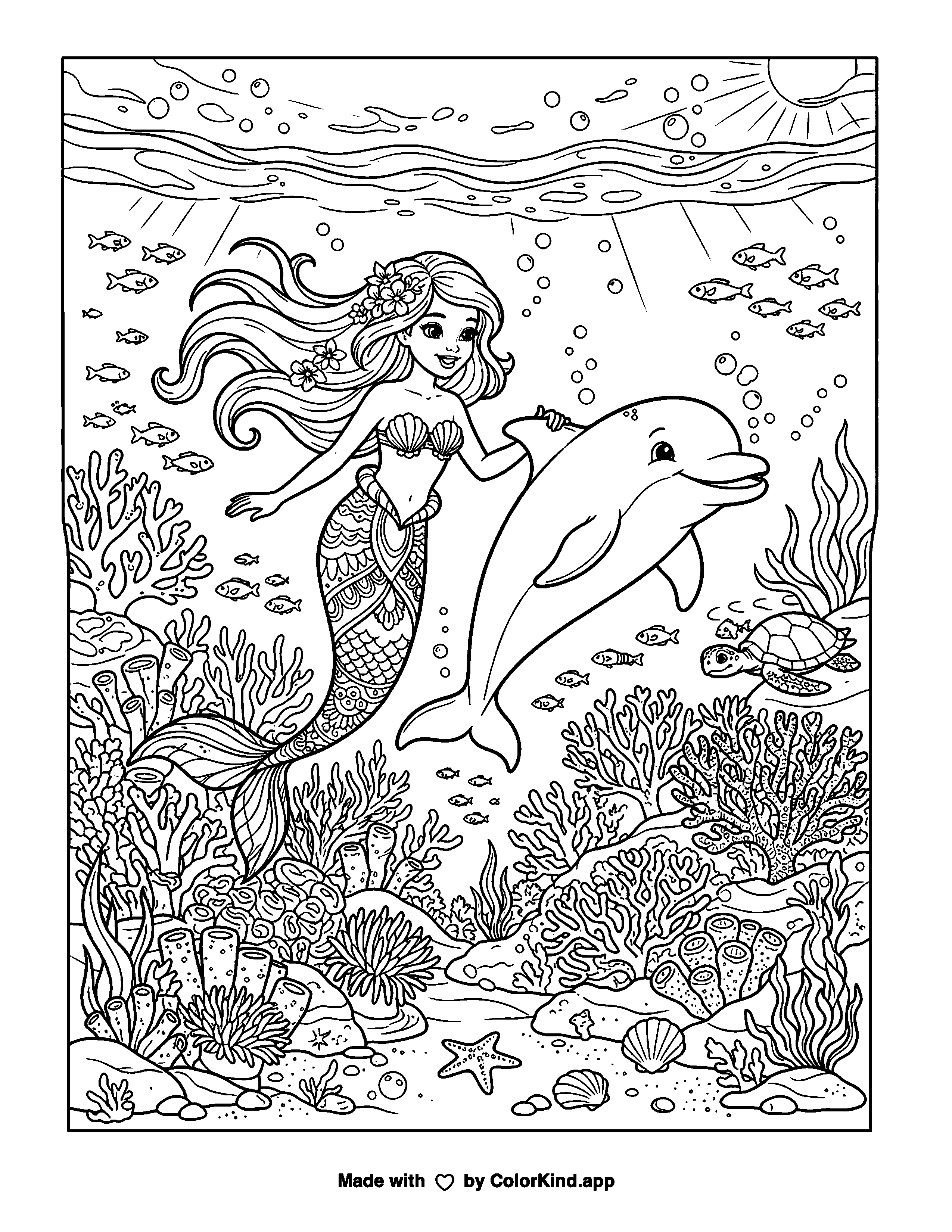 Mermaid and Dolphin as clean black-and-white printable line art made by ColorKind