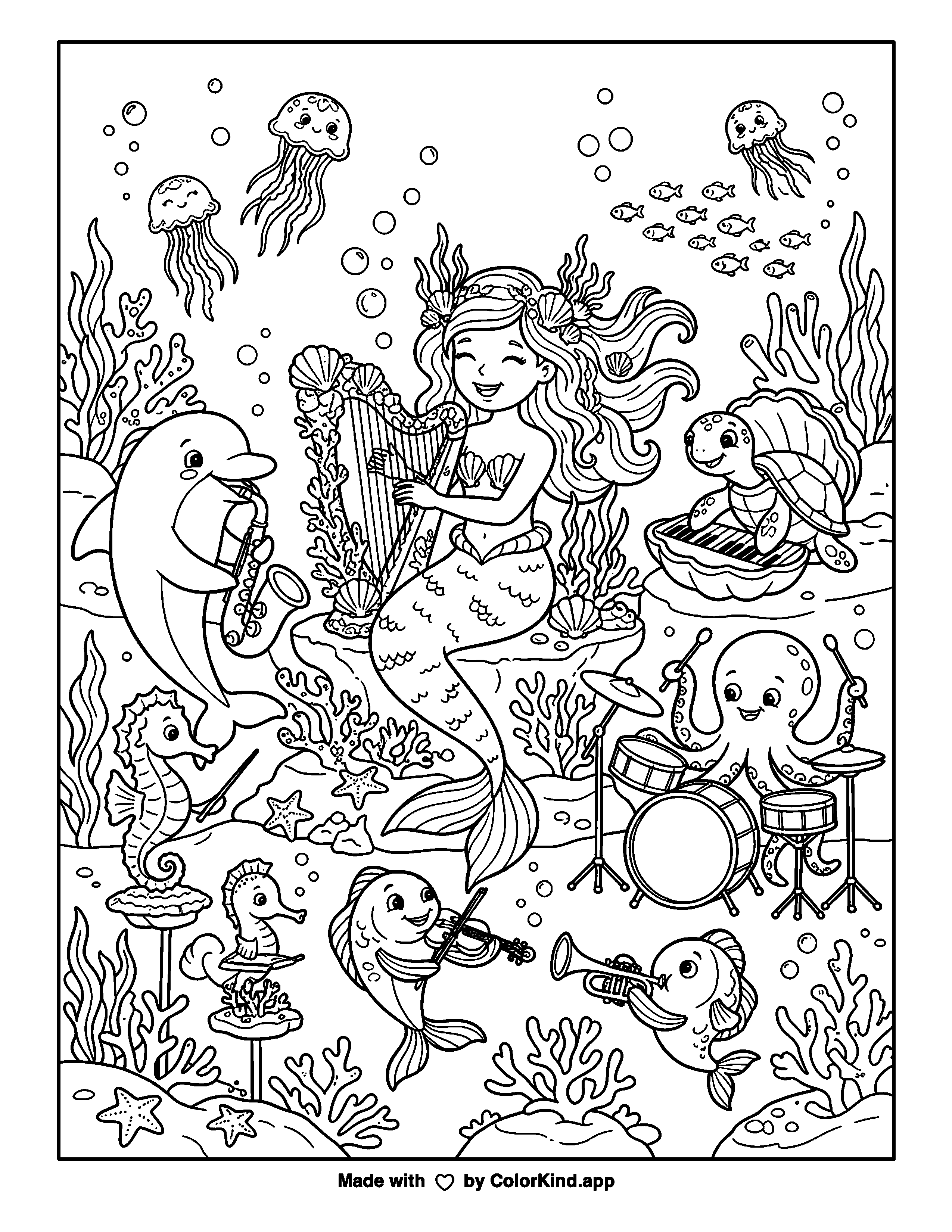 Mermaid Music Concert as clean black-and-white printable line art made by ColorKind