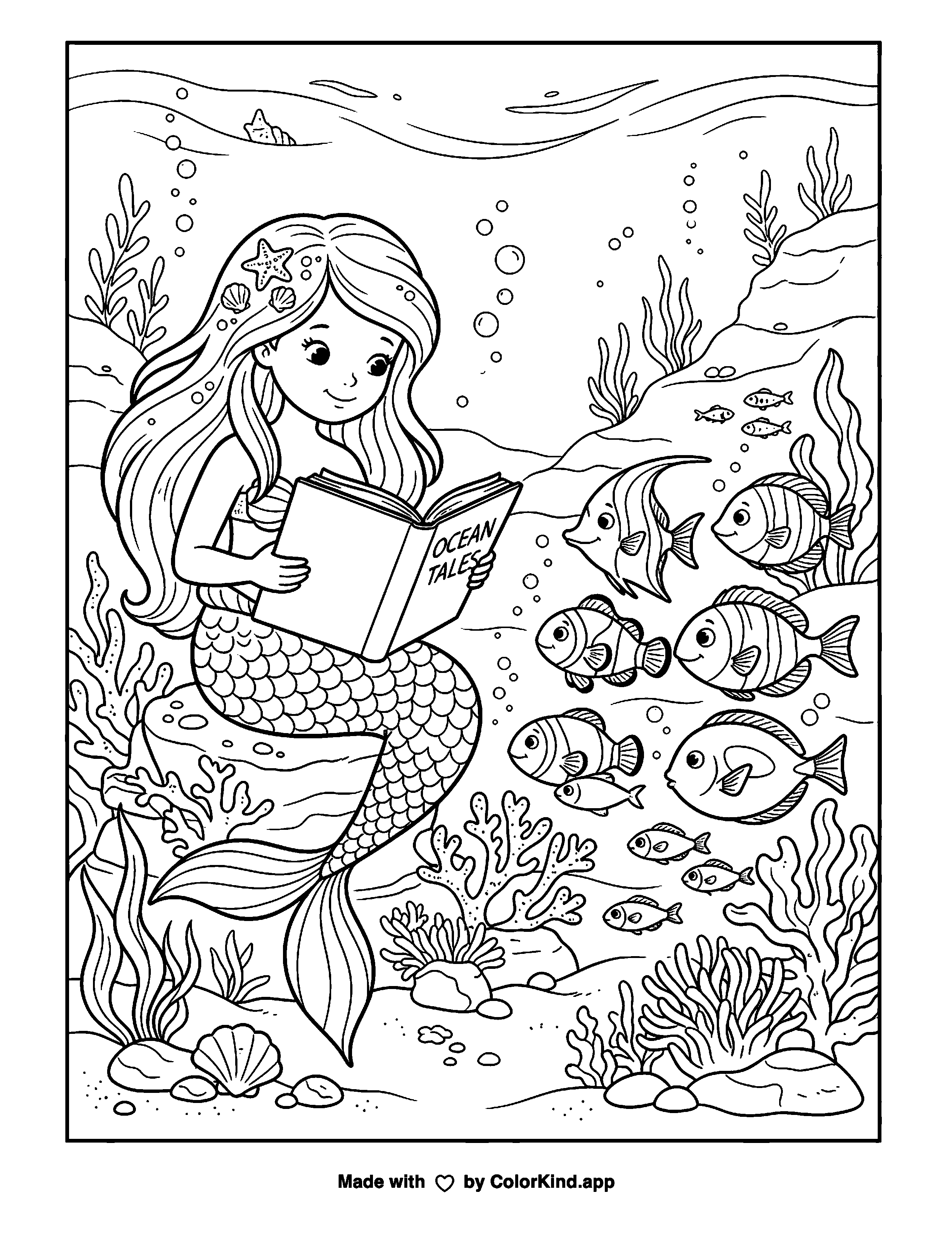 Mermaid Reading to Fish as clean black-and-white printable line art made by ColorKind